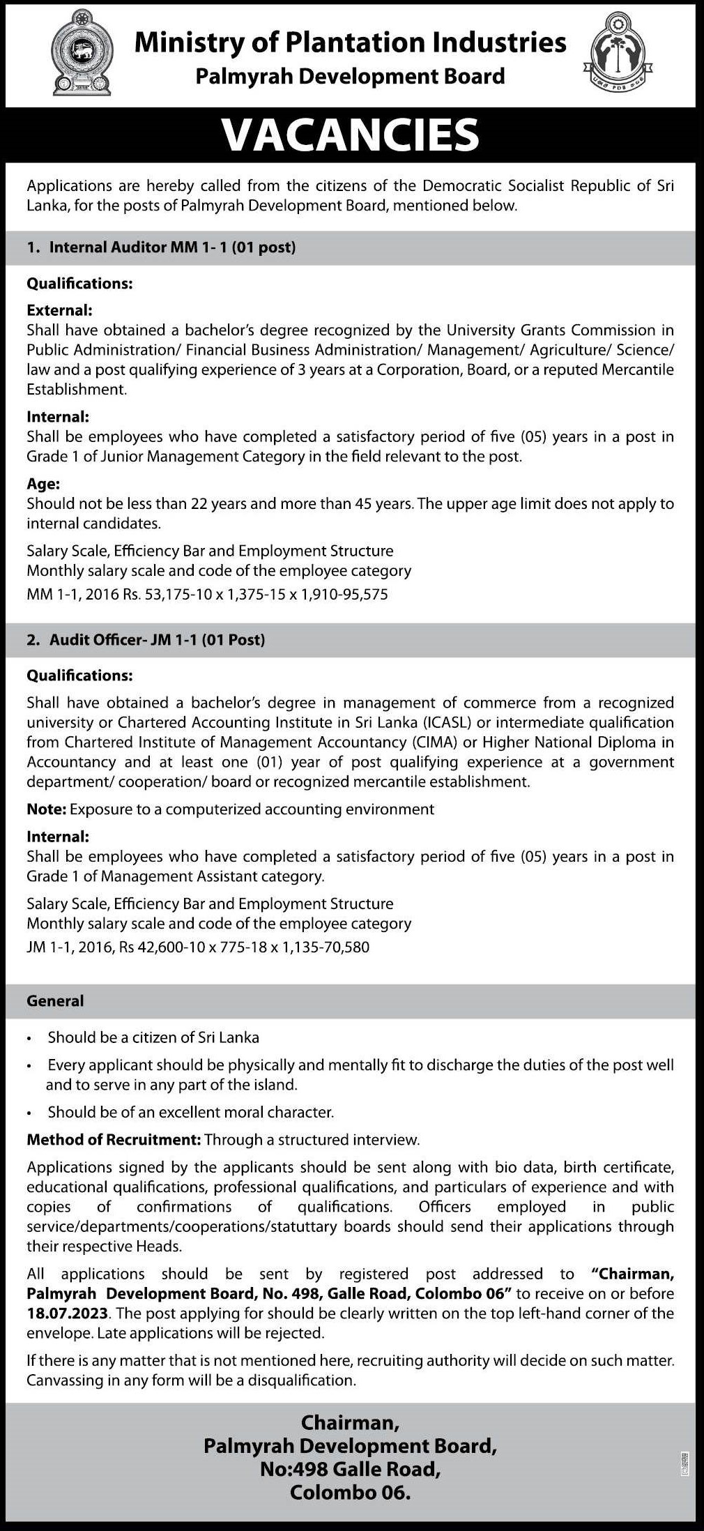 Internal Auditor, Audit Officer - Palmyrah Development Board