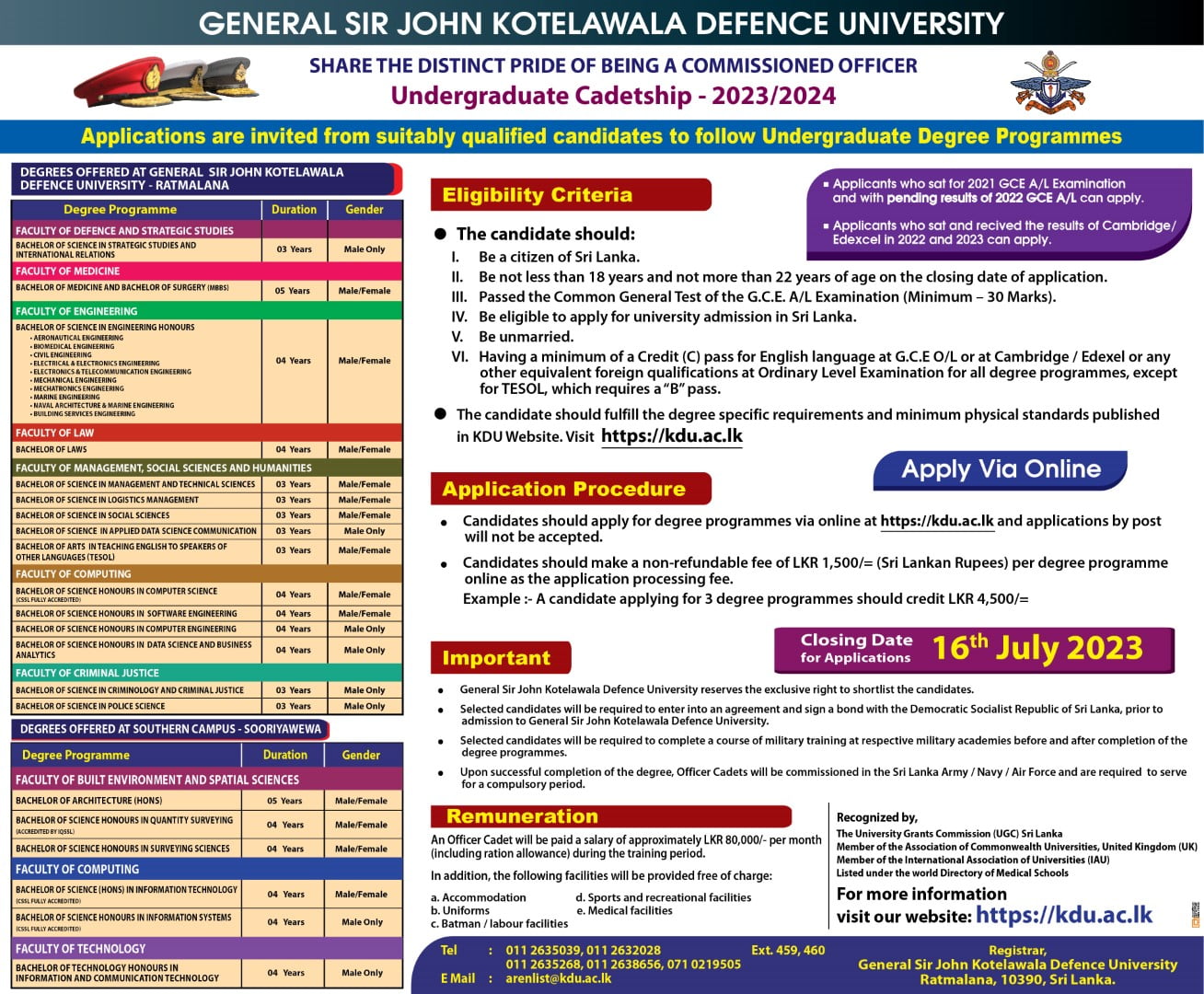 Undergraduate Cadetship - General Sir John Kotelawala Defence University