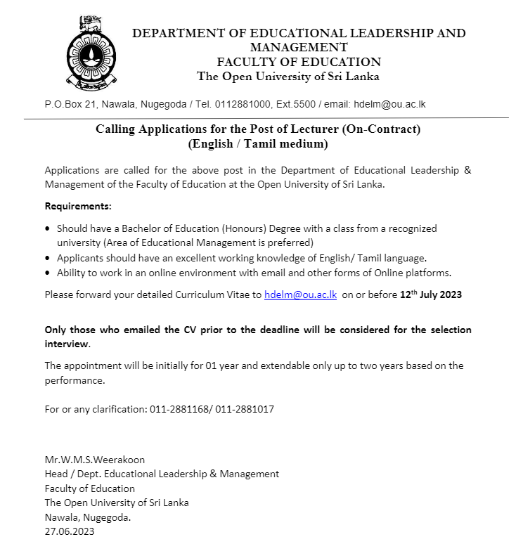 Lecturer - The Open University of Sri Lanka