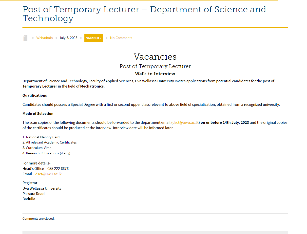 Lecturer, Demonstrator - Uva Wellassa University