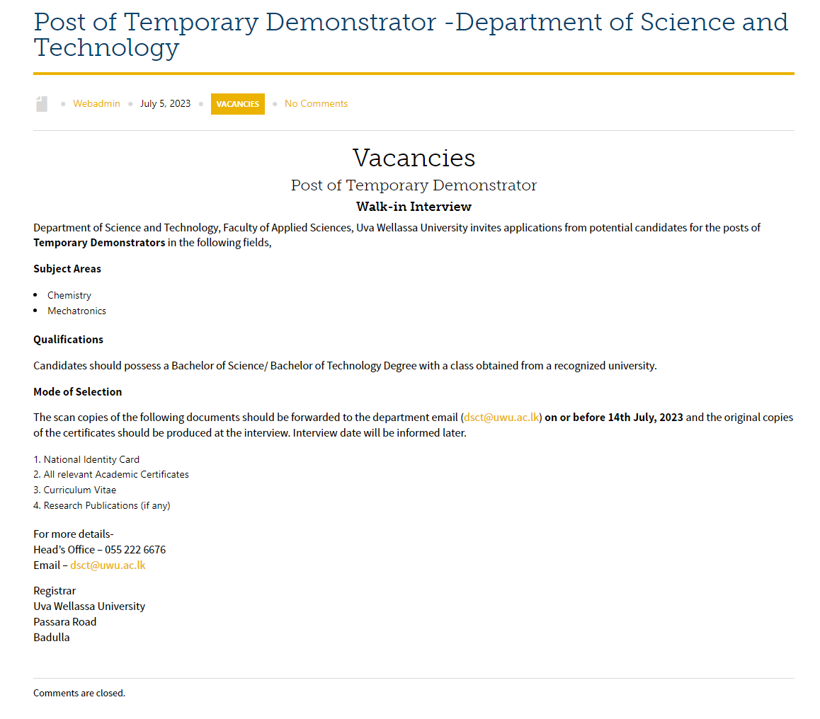 Lecturer, Demonstrator - Uva Wellassa University