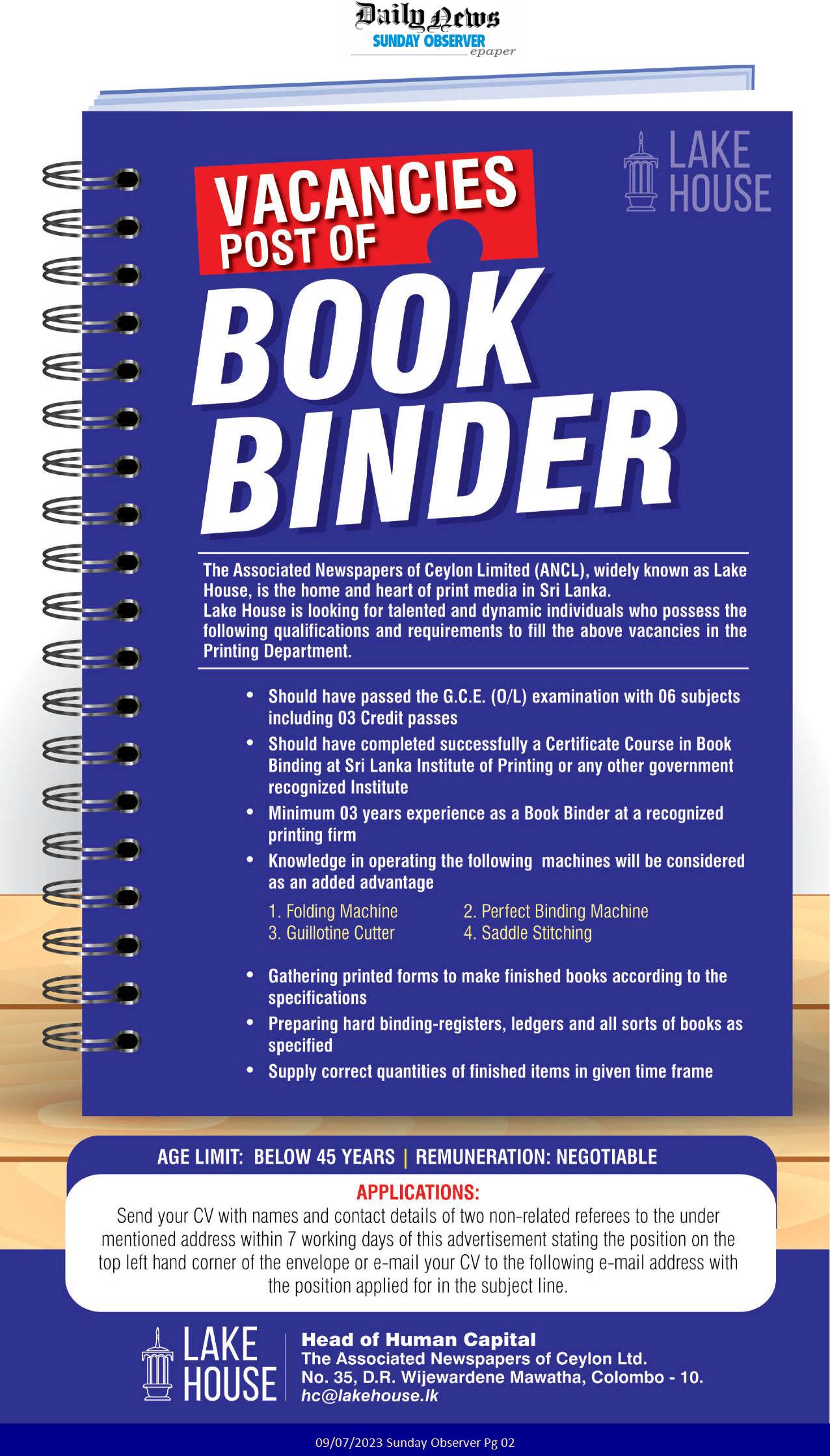 Book Binder - The Associated Newspapers of Ceylon Ltd