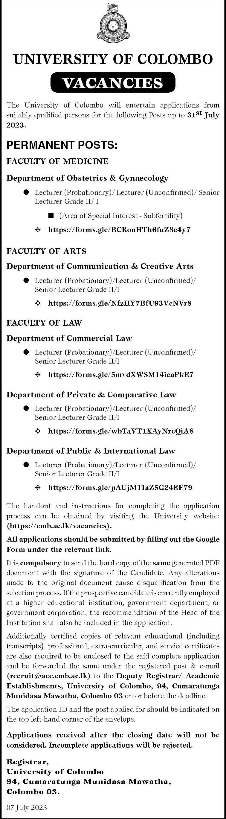 Lecturer, Senior Lecturer - University of Colombo