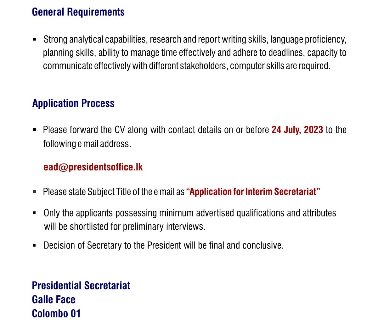 Head of Division (Legal & Policy, IT, Public Relations), Senior Executive (Legal, Policy), Executive (Public Relations, IT) - Presidential Secretariat