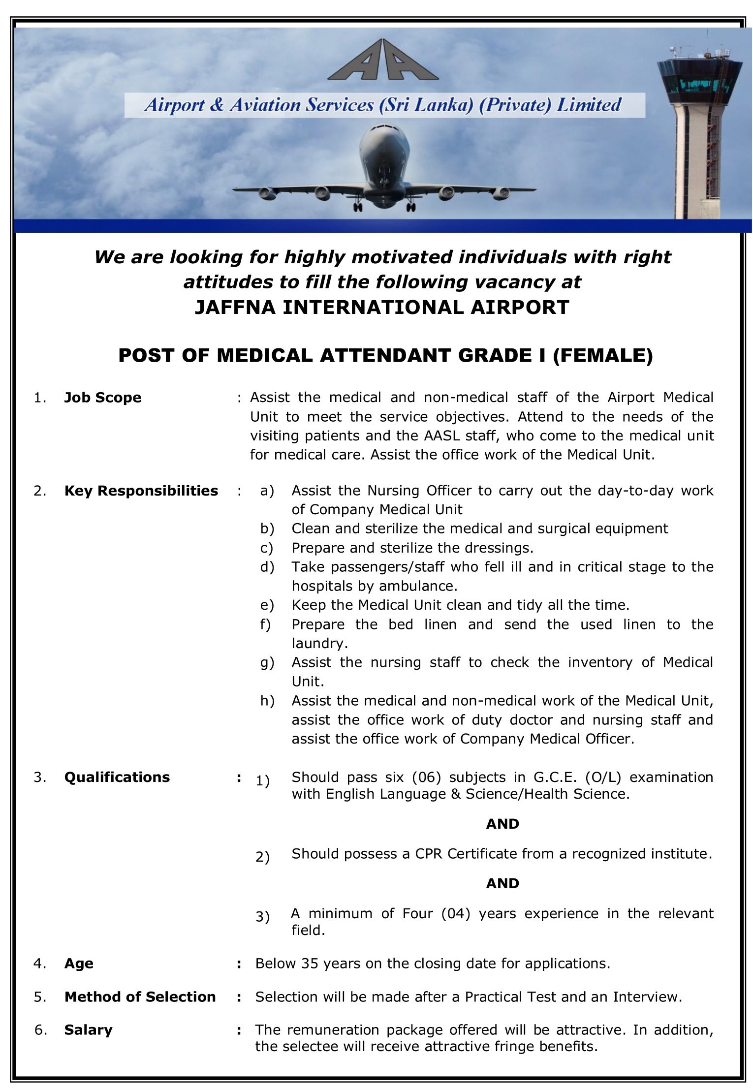 Medical Attendant (Female) - Airport & Aviation Services (Sri Lanka) (Private) Limited