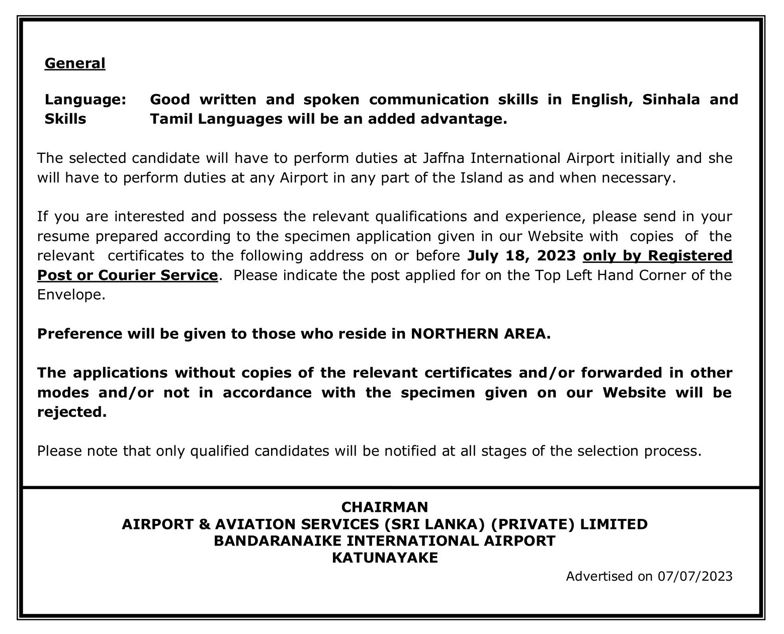 Medical Attendant (Female) - Airport & Aviation Services (Sri Lanka) (Private) Limited