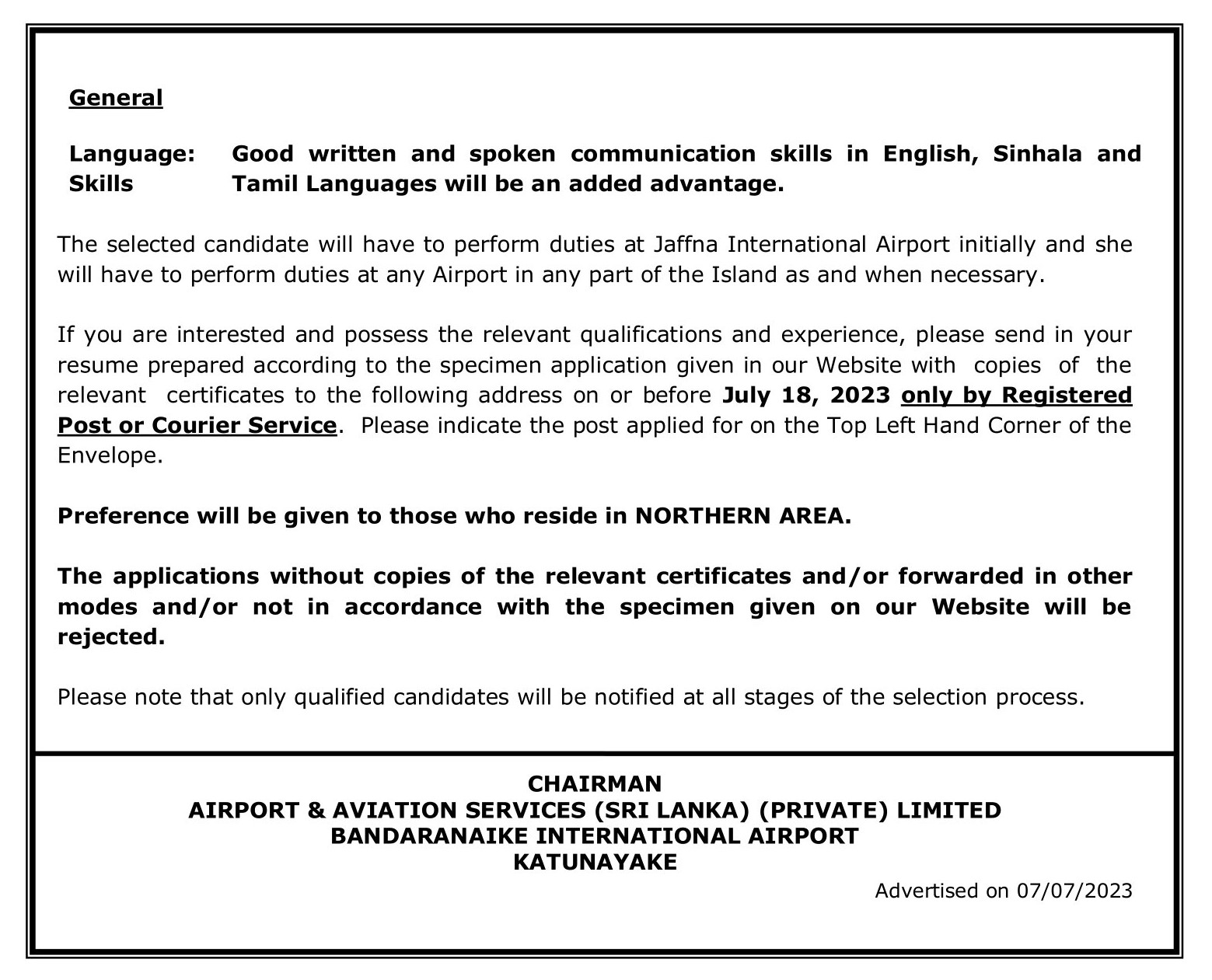 Medical Attendant (Female) - Airport & Aviation Services (Sri Lanka) (Private) Limited