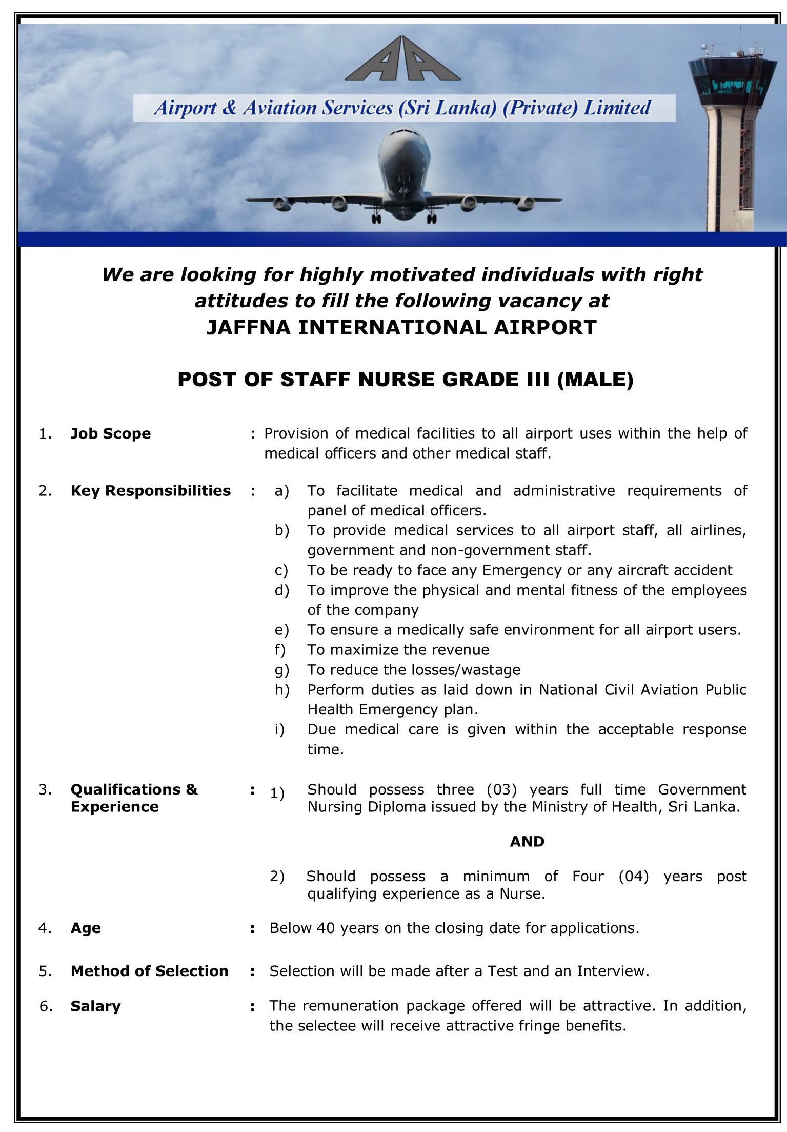 Staff Nurse - Airport & Aviation Services (Sri Lanka) (Private) Limited