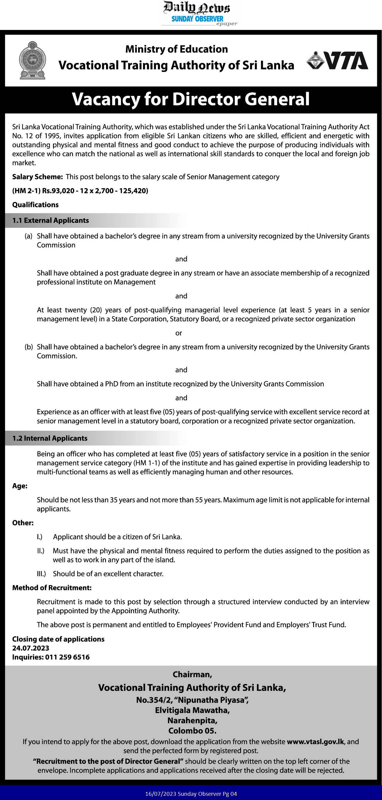 Director General - Vocational Training Authority of Sri Lanka