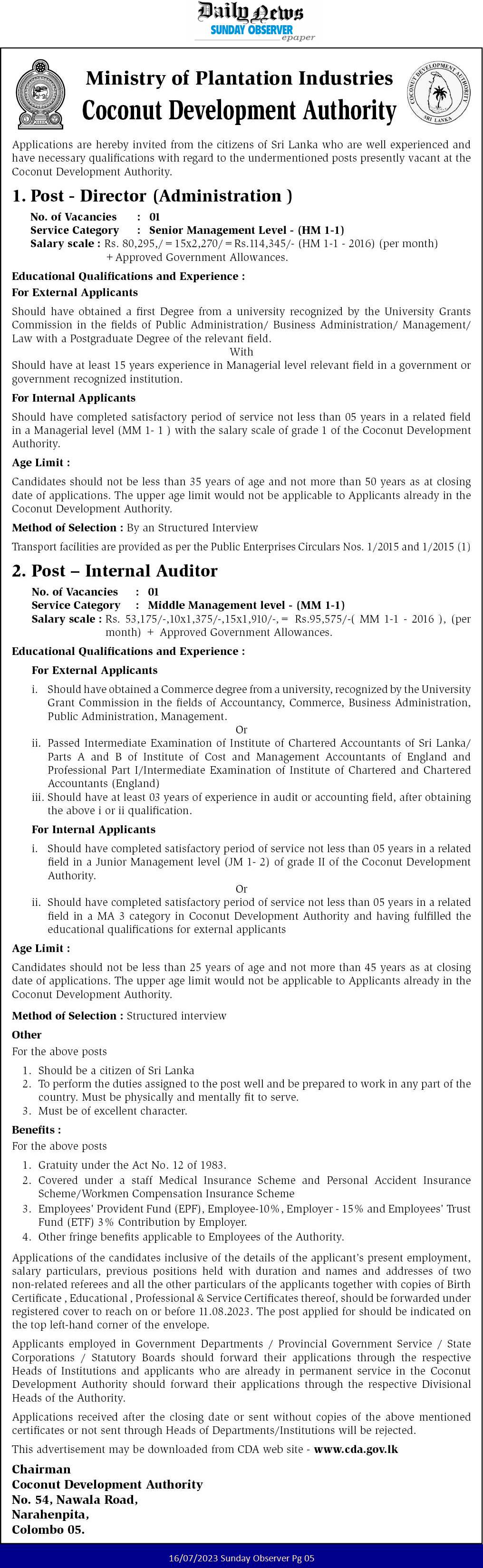 Director (Administration), Internal Auditor - Coconut Development Authority