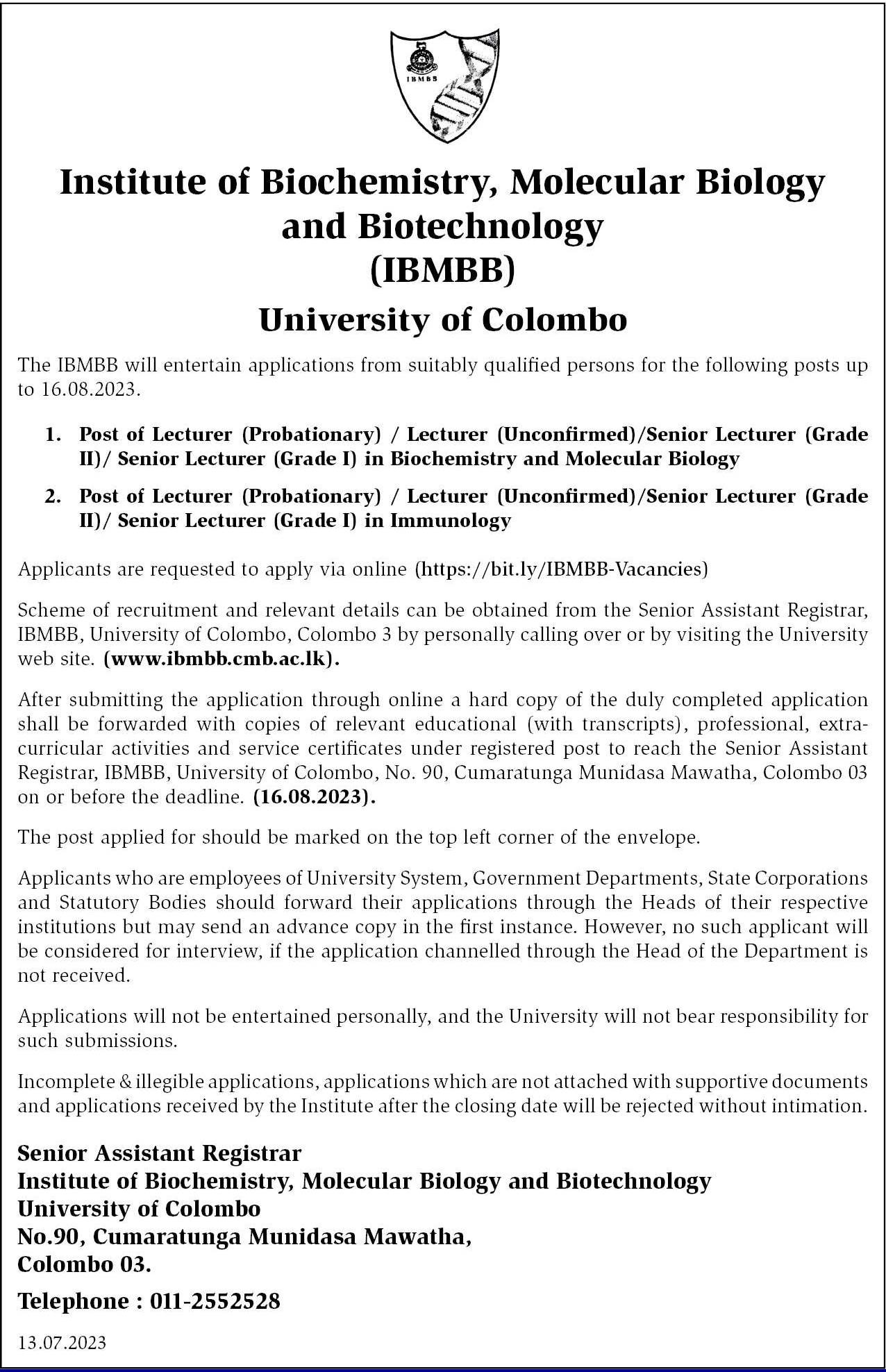 Lecturer, Senior Lecturer - University of Colombo