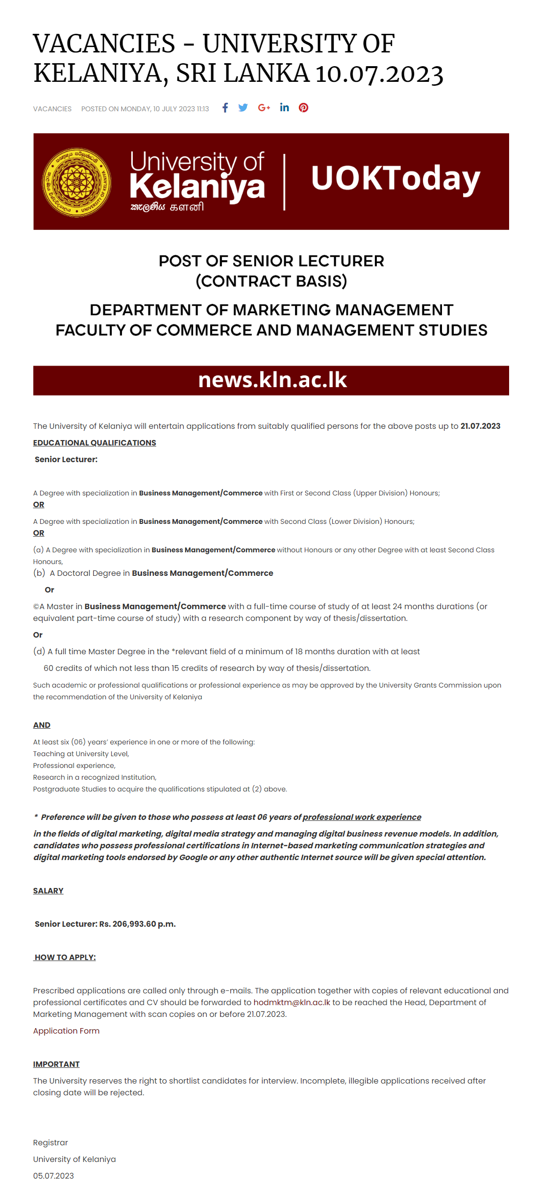 Senior Lecturer - University of Kelaniya