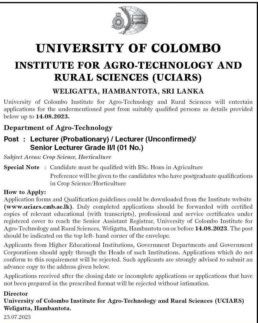 Lecturer, Senior Lecturer - University of Colombo