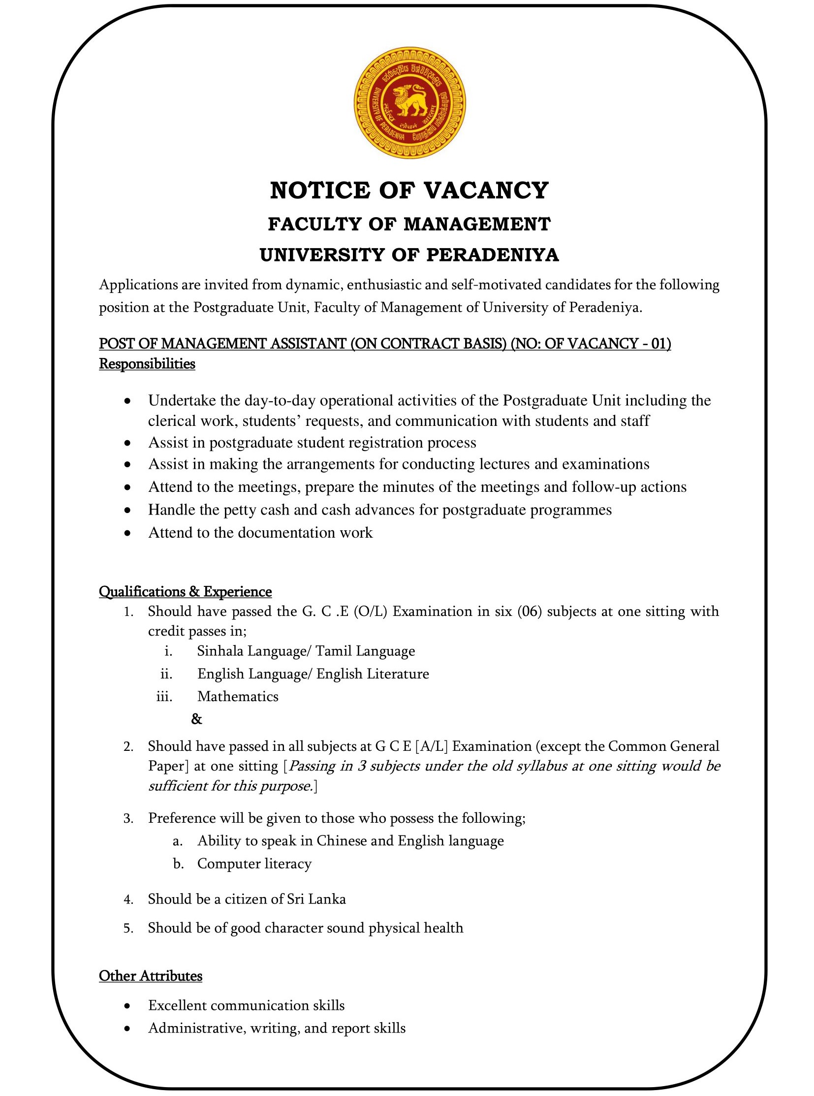 Management Assistant - University of Peradeniya