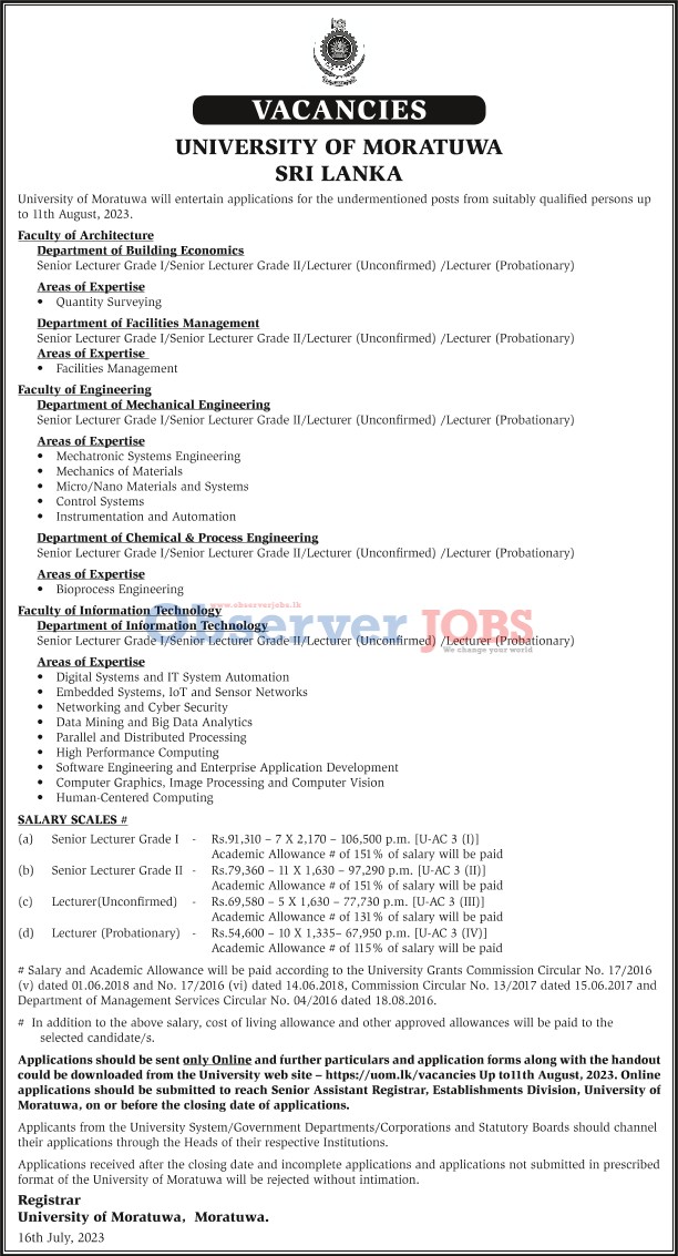 Senior Lecturer, Lecturer - University of Moratuwa