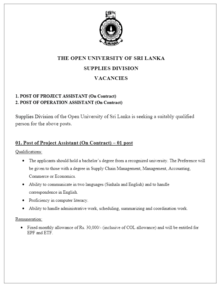 Project Assistant, Operation Assistant - The Open University of Sri Lanka