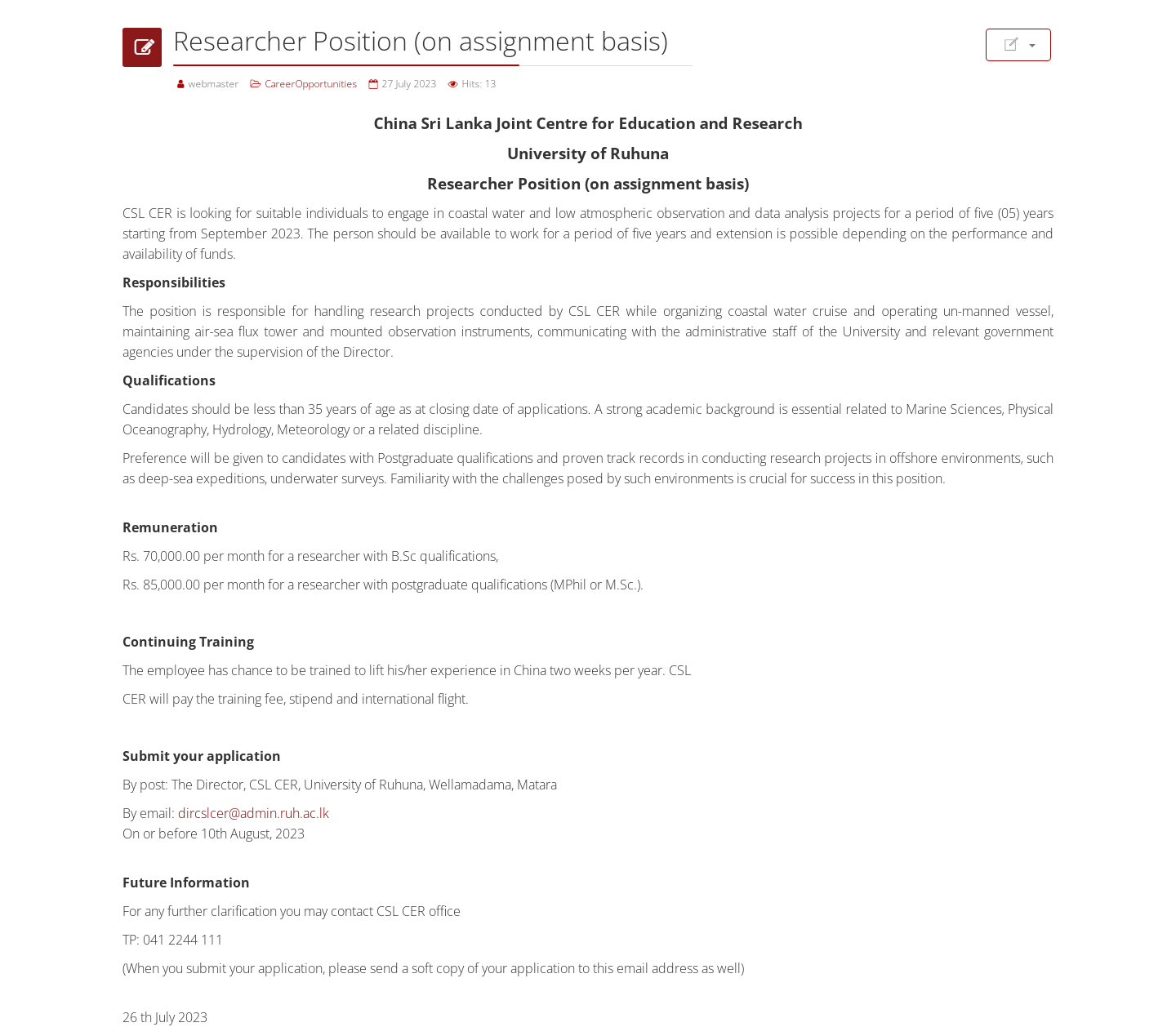 Researcher - University of Ruhuna