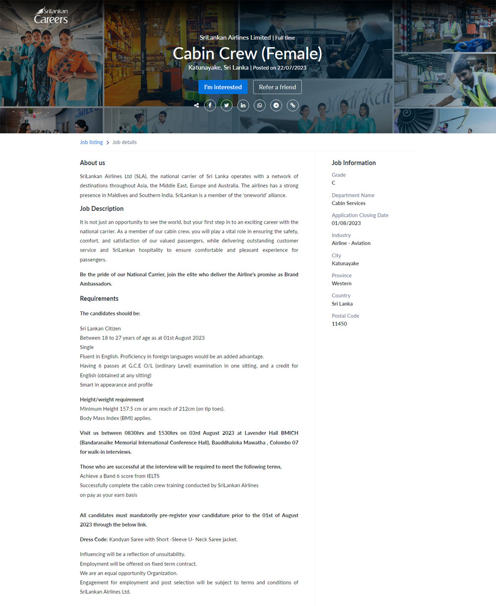 Cabin Crew (Female) - Sri Lankan Airlines Limited