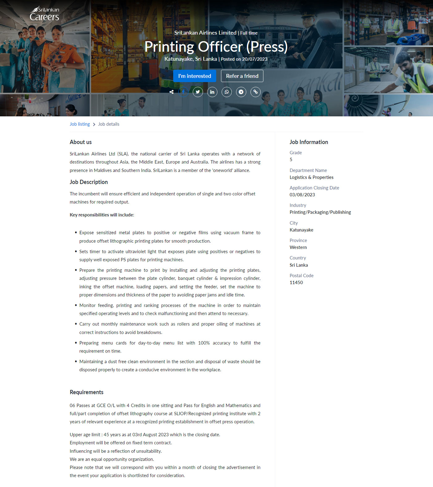 Printing Officer (Press) - Sri Lankan Airlines Limited