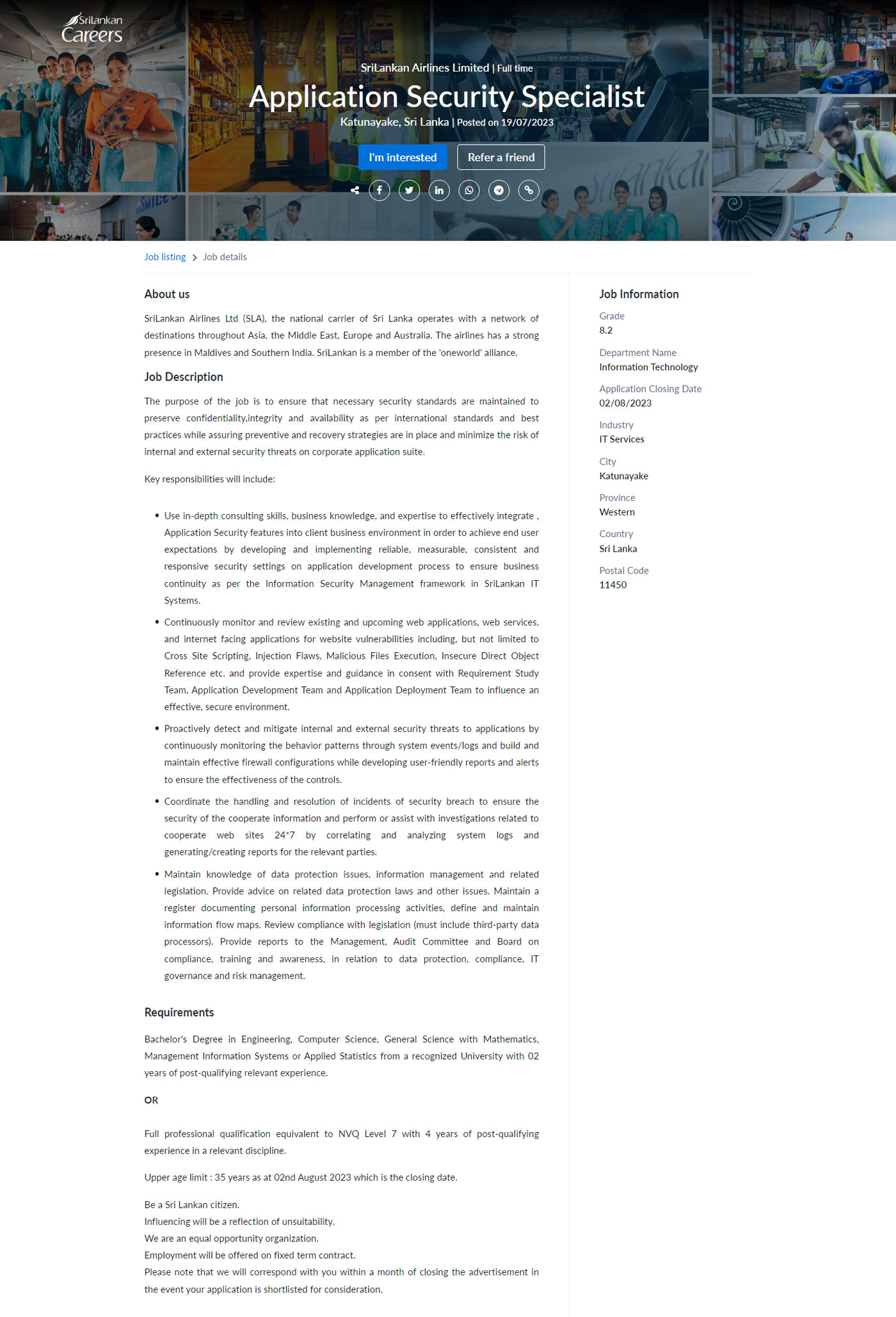 Application Security Specialist - Sri Lankan Airlines Limited