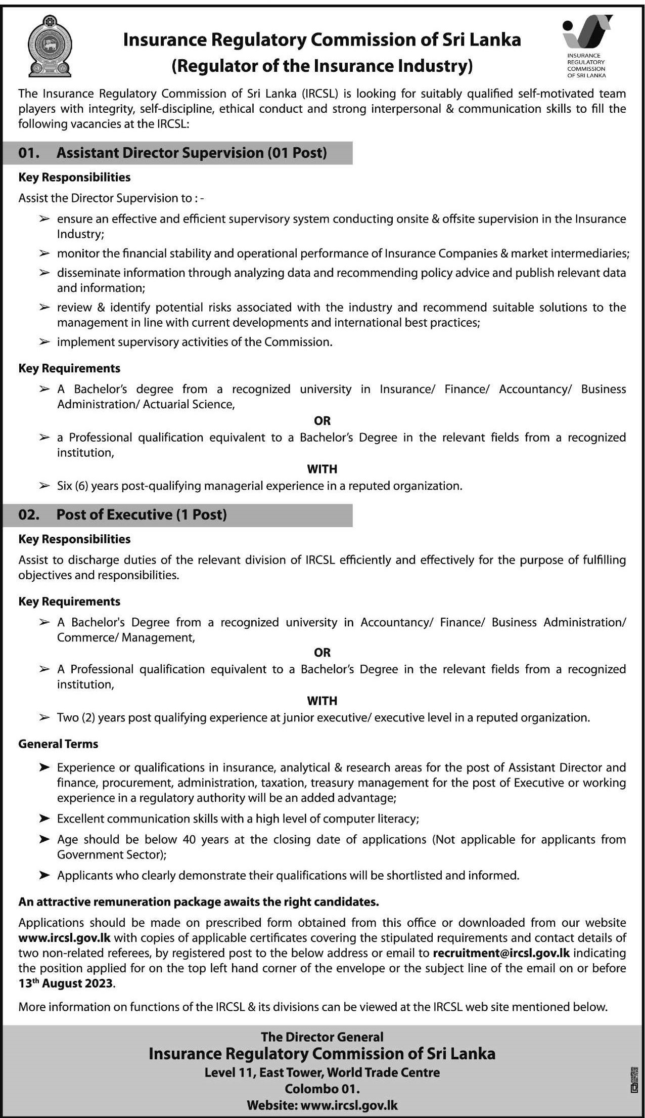 Assistant Director (Supervision), Executive - Insurance Regulatory Commission of Sri Lanka