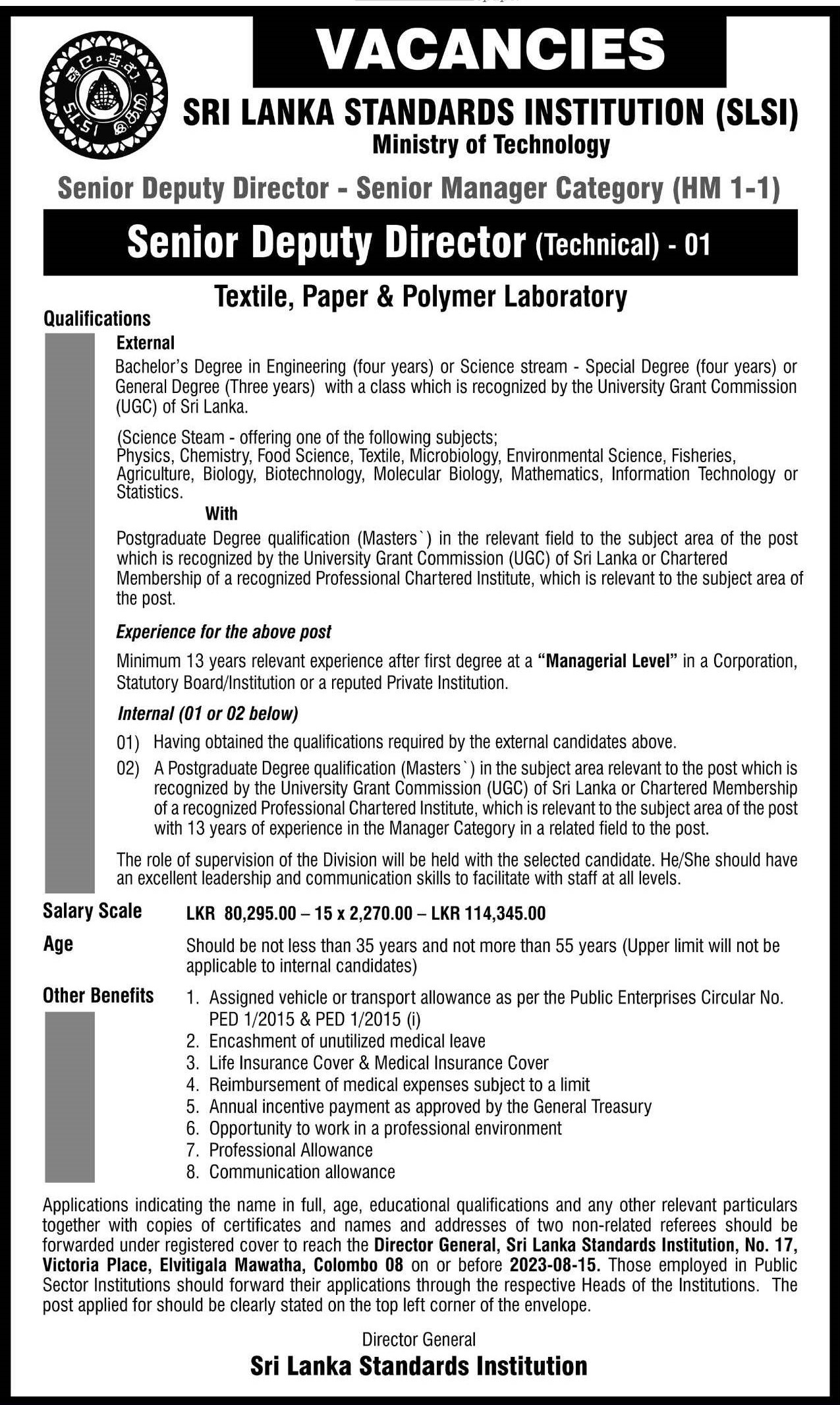 Senior Deputy Director (Technical) - Sri Lanka Standards Institution