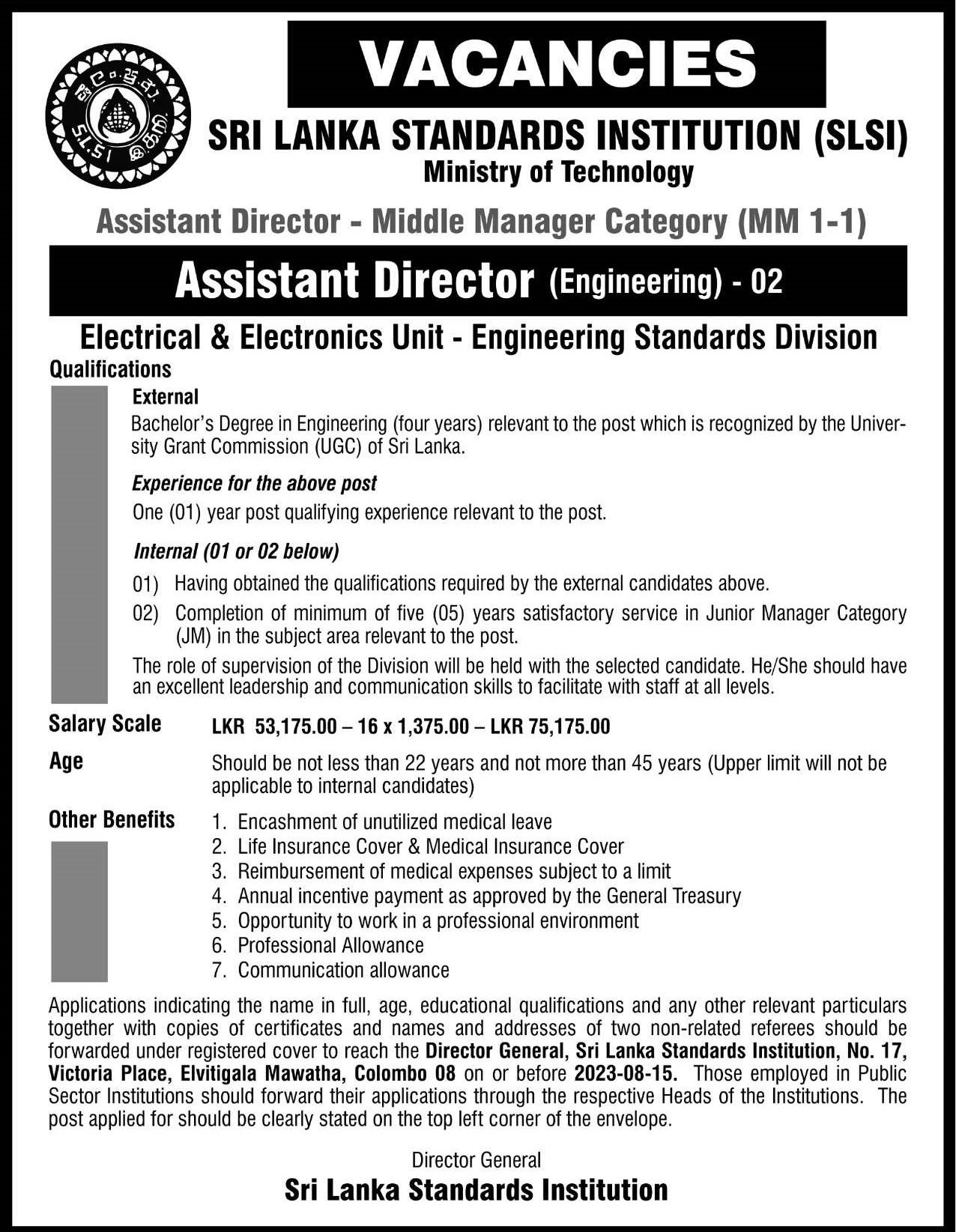 Assistant Director (Engineering) - Sri Lanka Standards Institution