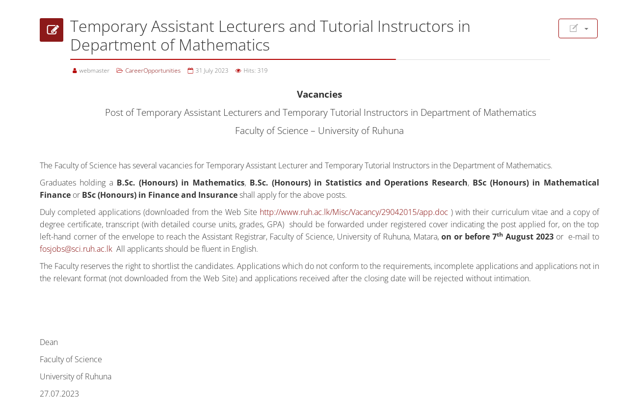 Assistant Lecturer, Tutorial Instructor - University of Ruhuna