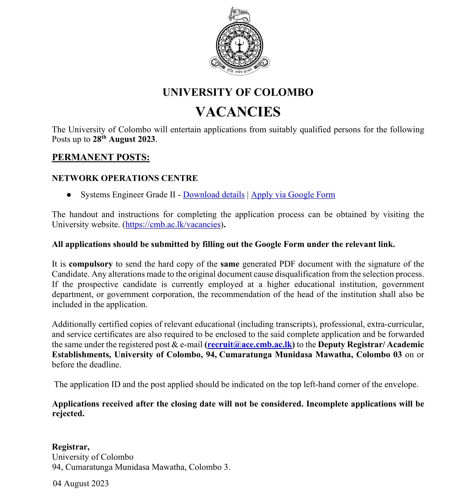 Systems Engineer - University of Colombo