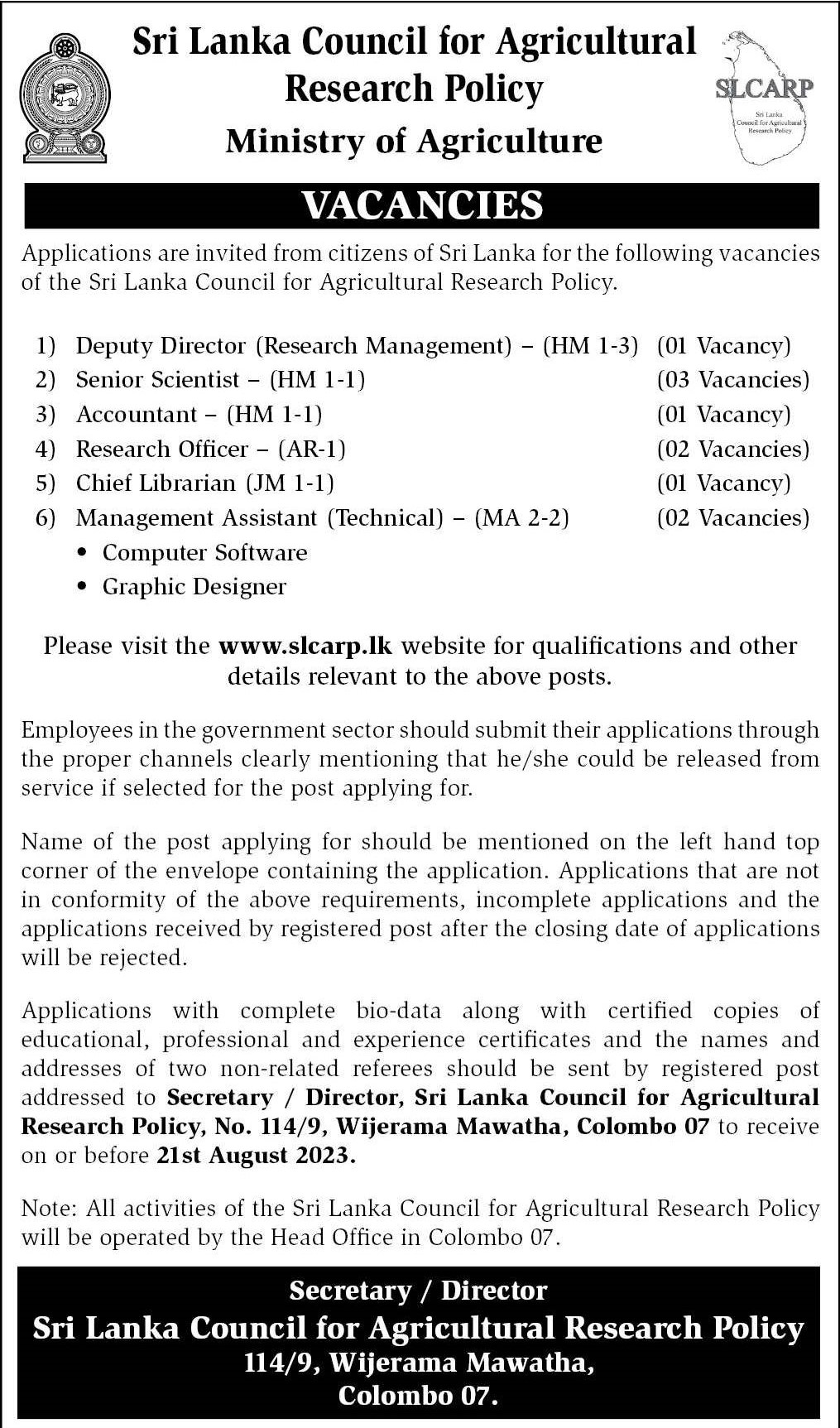 Management Assistant (Technical), Deputy Director, Senior Scientist, Accountant, Research Officer, Chief Librarian - Sri Lanka Council for Agricultural Research Policy