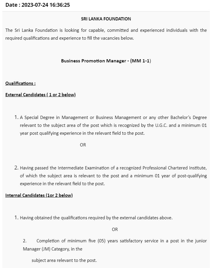 Management Assistant, Business Promotion Manager, Account Officer, Supplies Officer, Helper - Sri Lanka Foundation