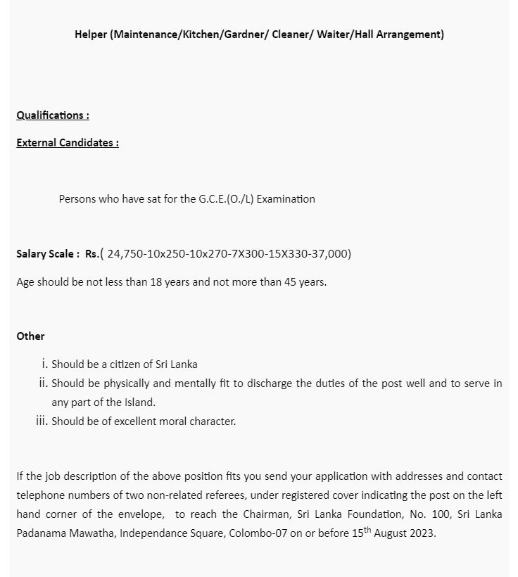 Management Assistant, Business Promotion Manager, Account Officer, Supplies Officer, Helper - Sri Lanka Foundation