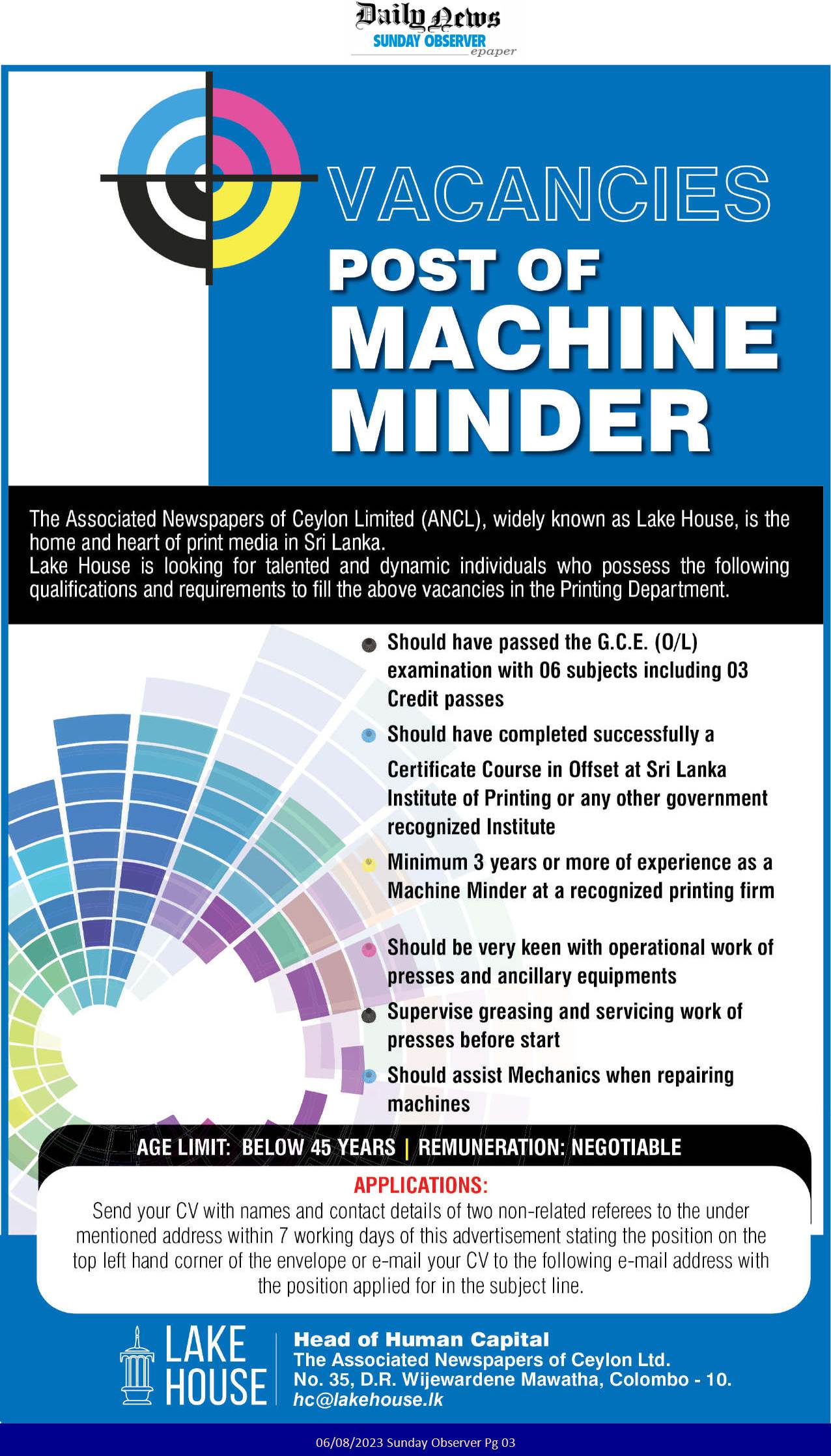 Machine Minder - The Associated Newspapers of Ceylon Limited