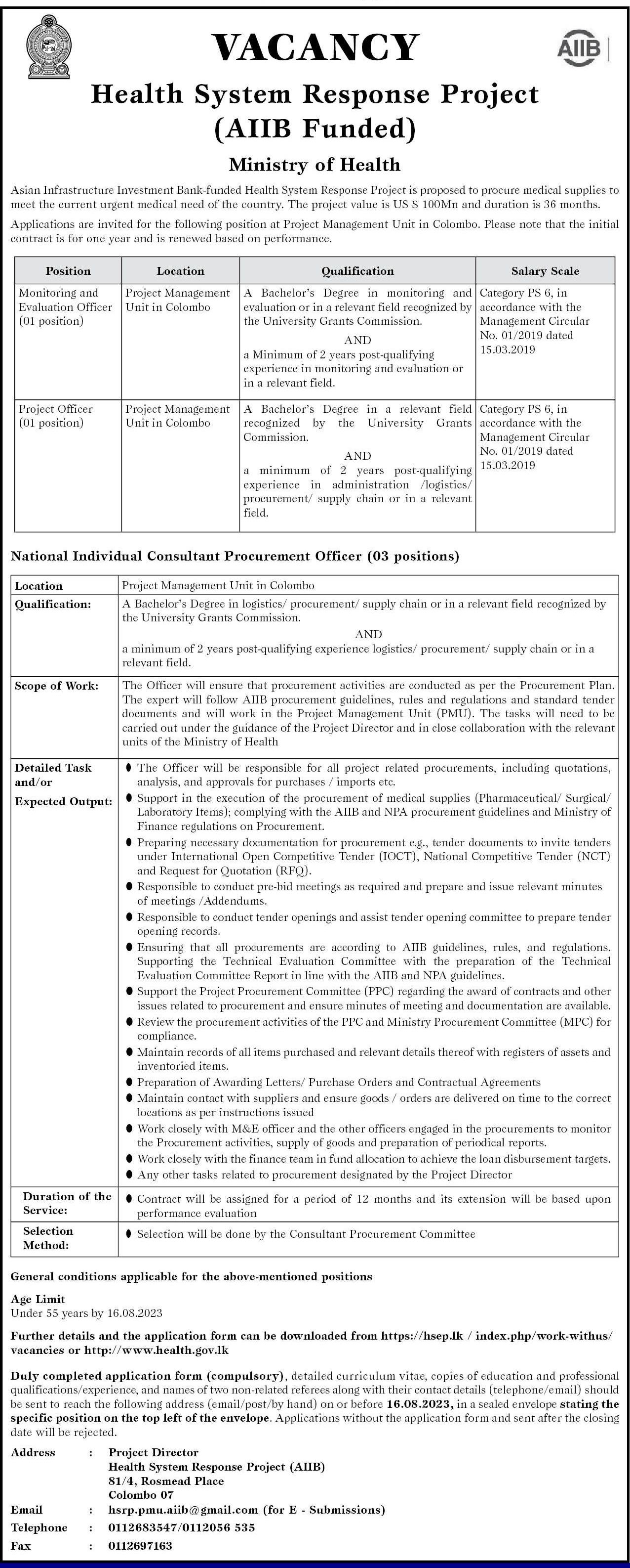 Monitoring & Evaluation Officer, Project Officer - Health System Response Project - Ministry of Health