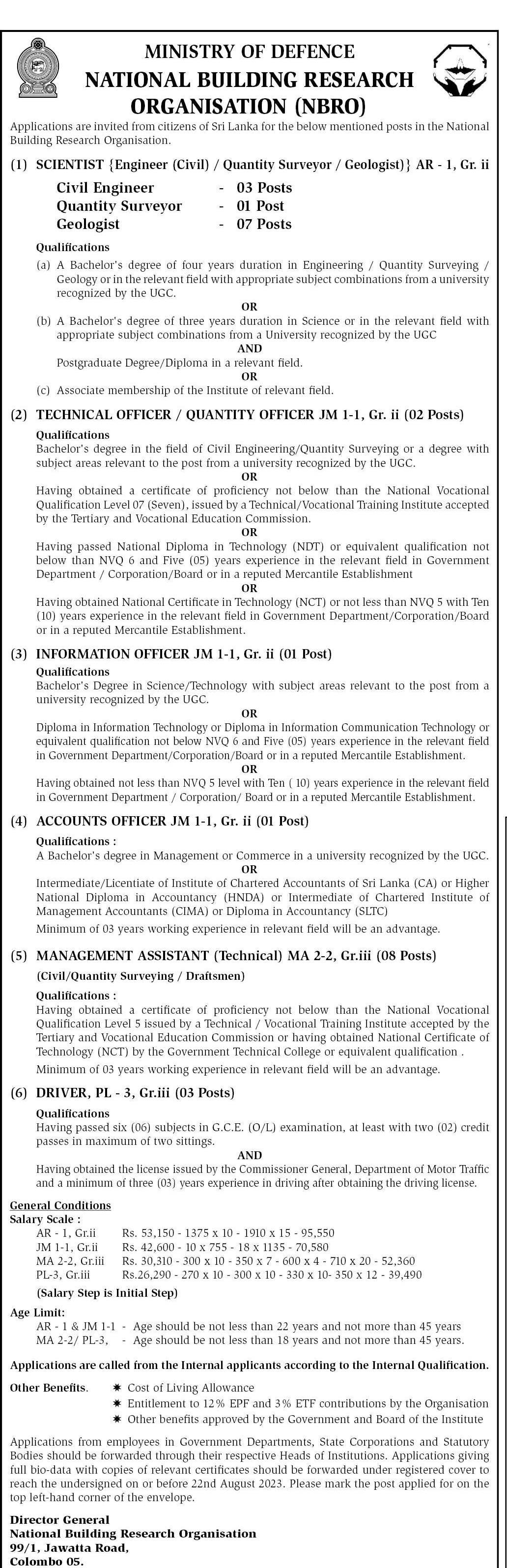 Civil Engineer, Quantity Surveyor, Geologist, Accounts Officer, Information Officer, Technical Officer, Quantity Officer, Management Assistant (Technical), Driver - National Building Research Organisation