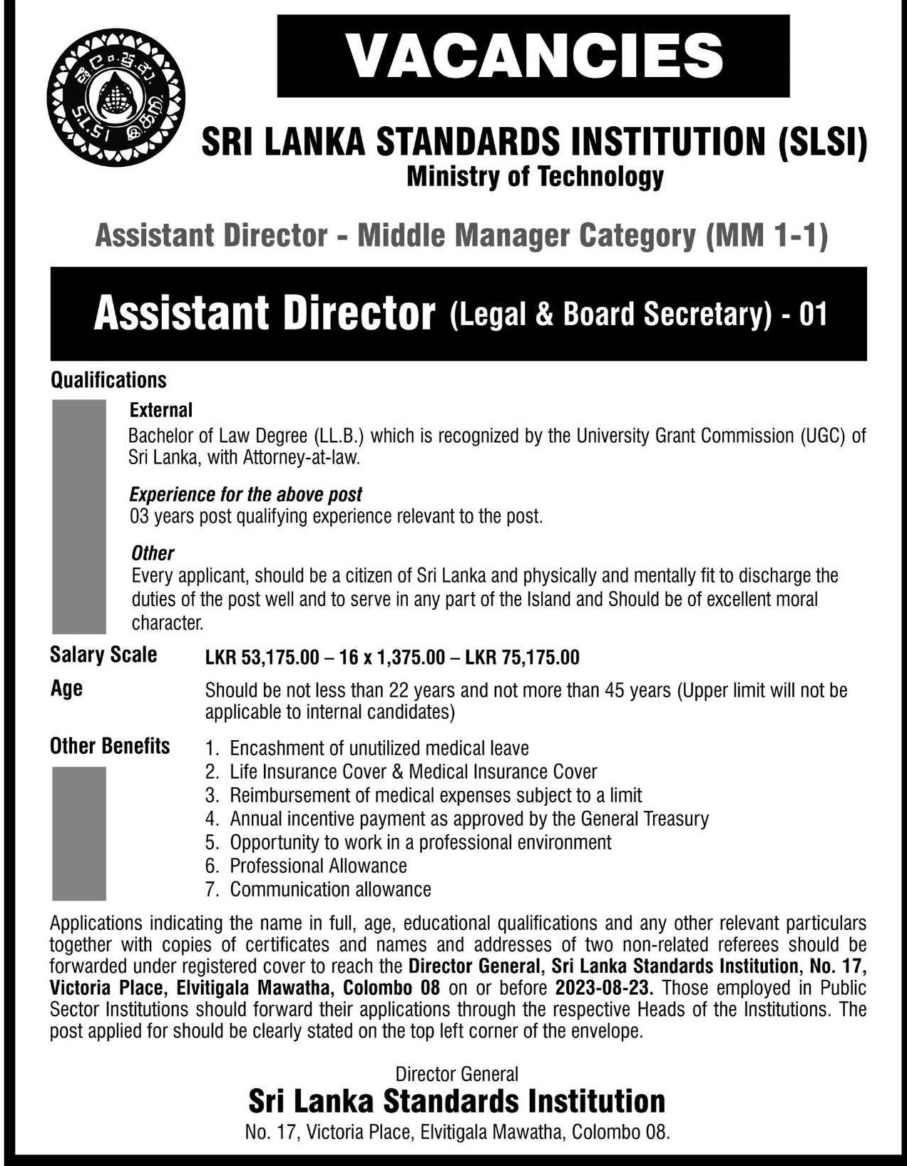 Assistant Director (Legal & Board Secretary) - Sri Lanka Standards Institution