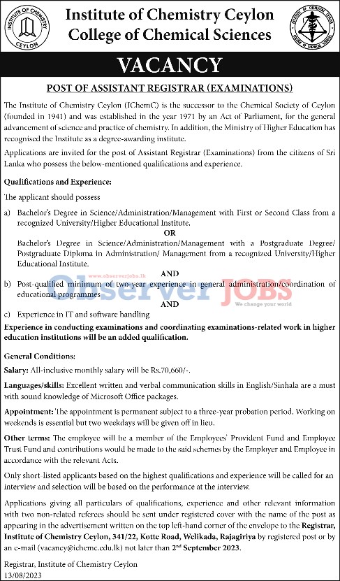 Assistant Registrar - Institute of Chemistry Ceylon 