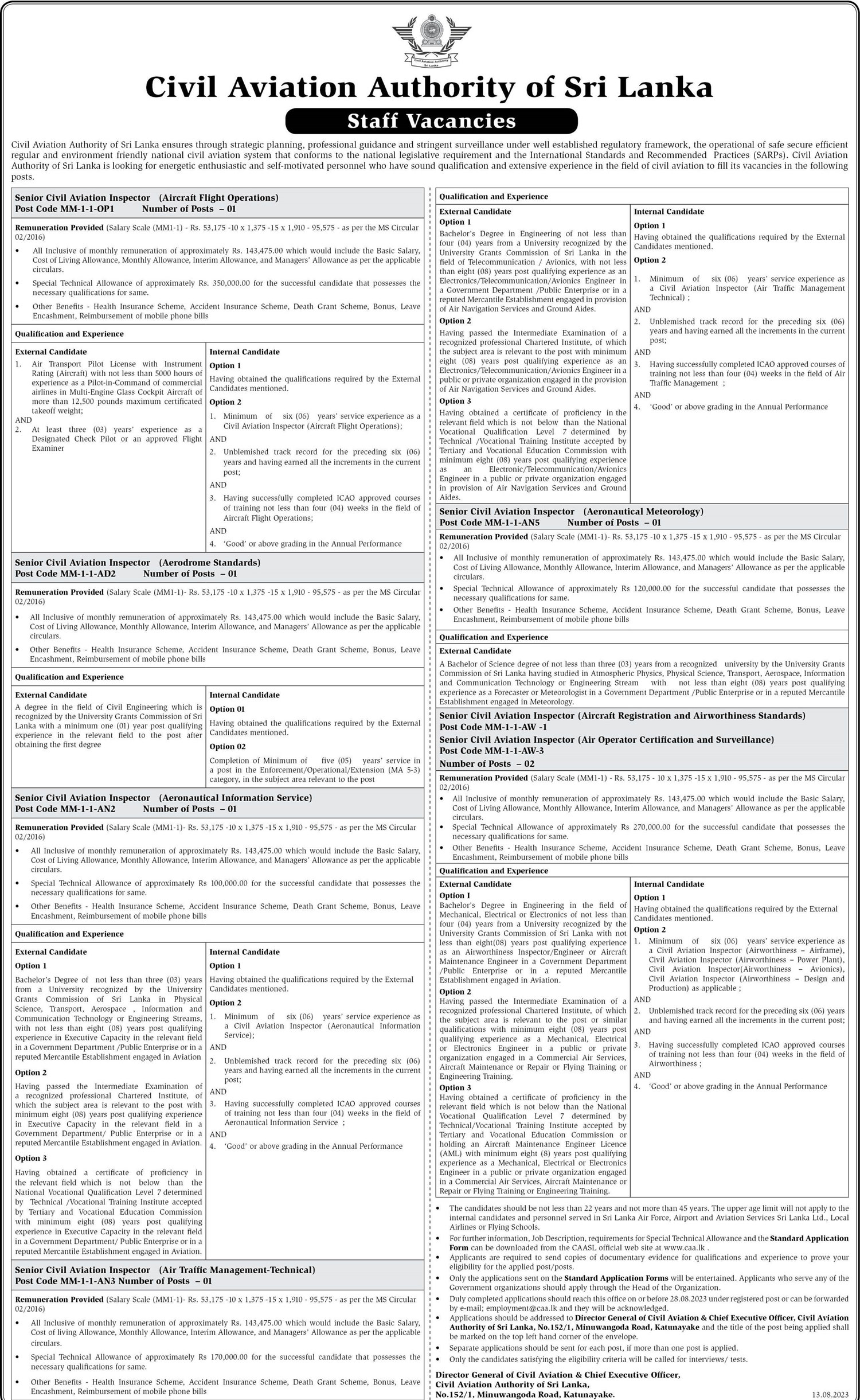 Senior Civil Aviation Inspector - Civil Aviation Authority of Sri Lanka