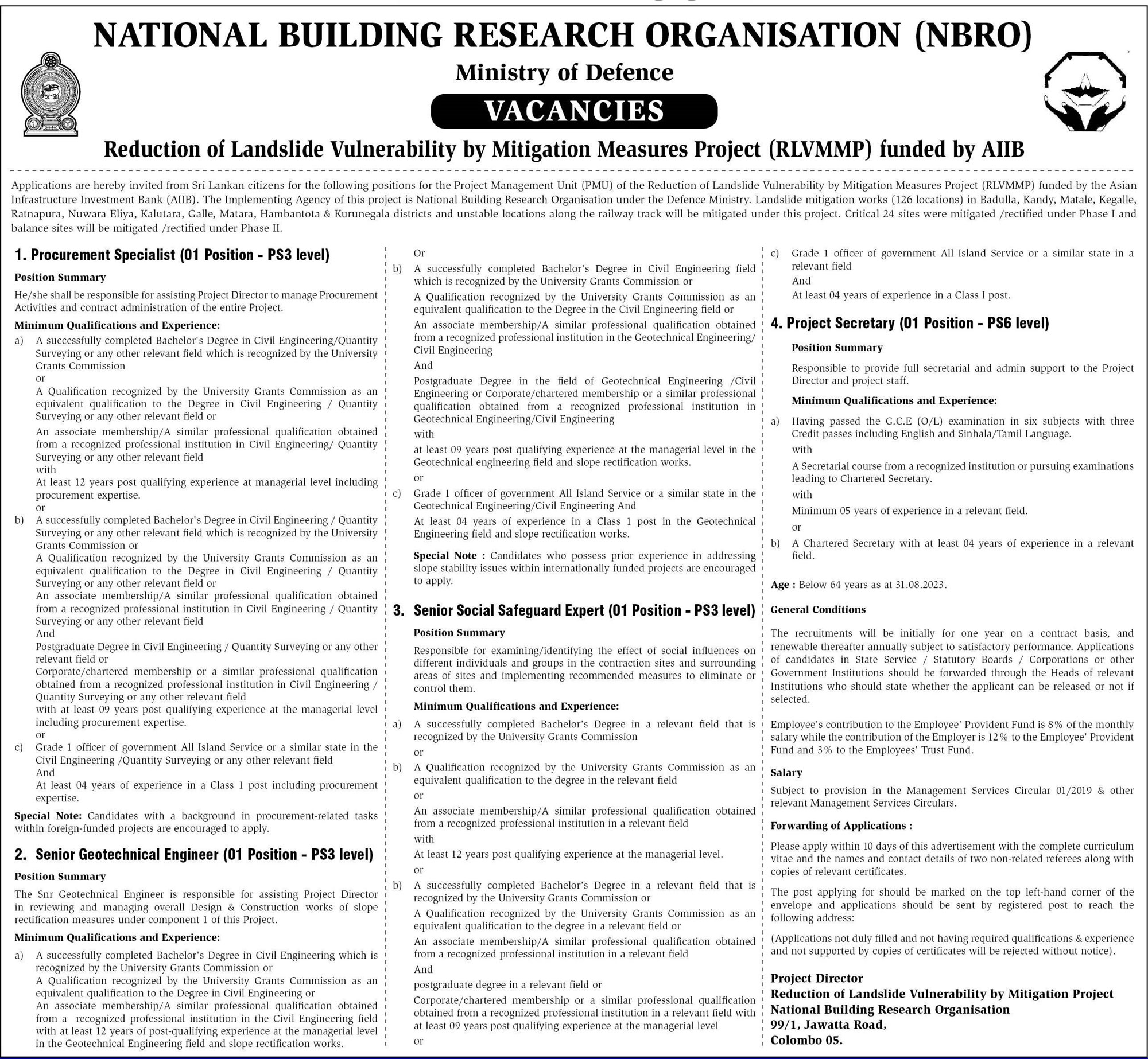 Procurement Specialist, Senior Geotechnical Engineer, Senior Social Safeguard Expert, Project Secretary - National Building Research Organisation