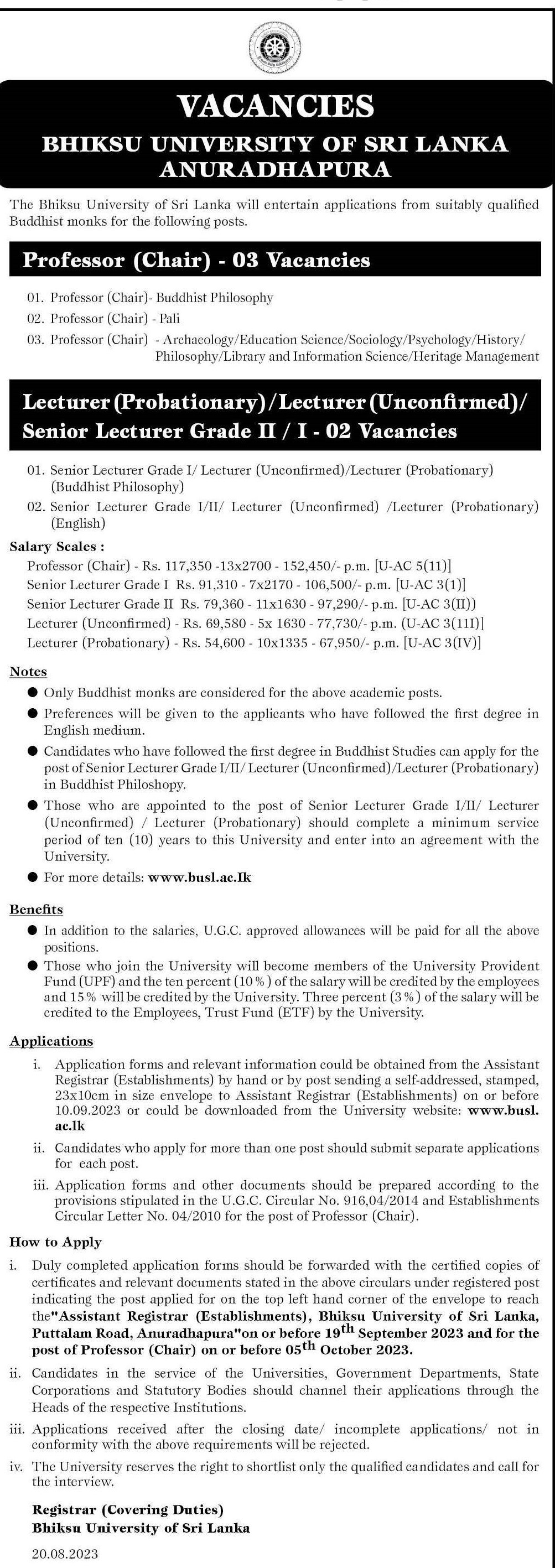 Professor, Senior Lecturer, Lecturer - Bhiksu University of Sri Lanka