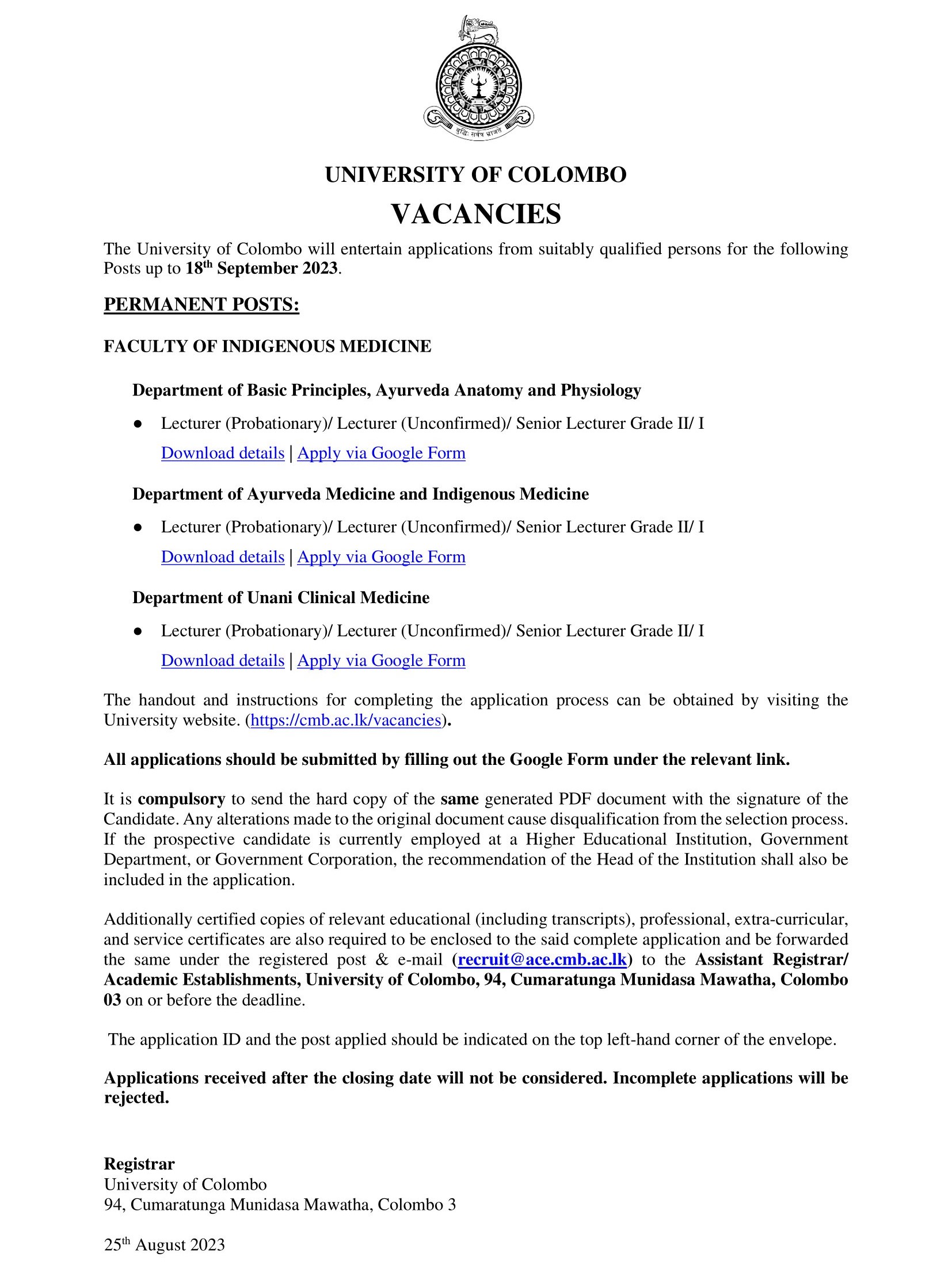 Lecturer, Senior Lecturer - University of Colombo