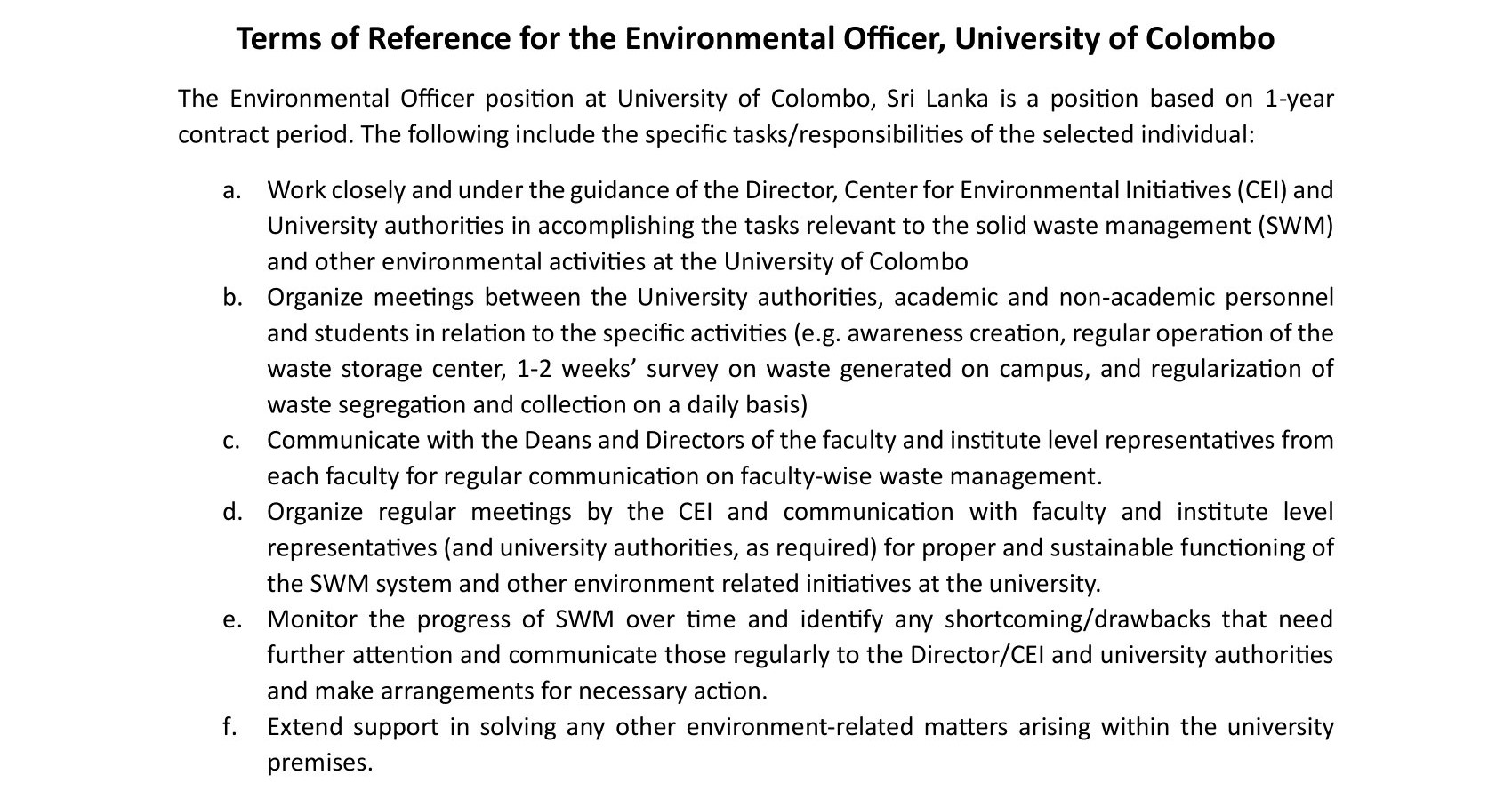 Environmental Officer - University of Colombo