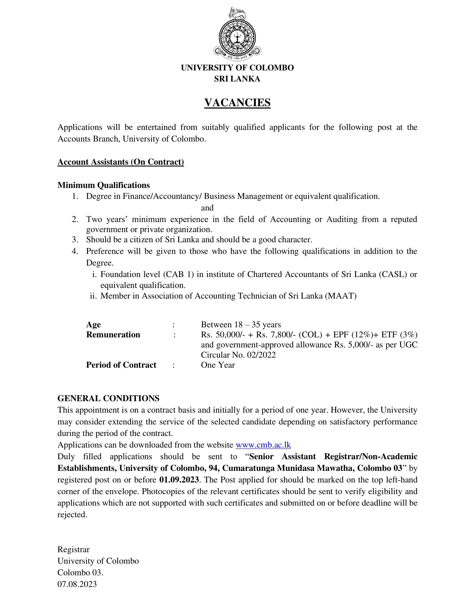 Account Assistant - University of Colombo