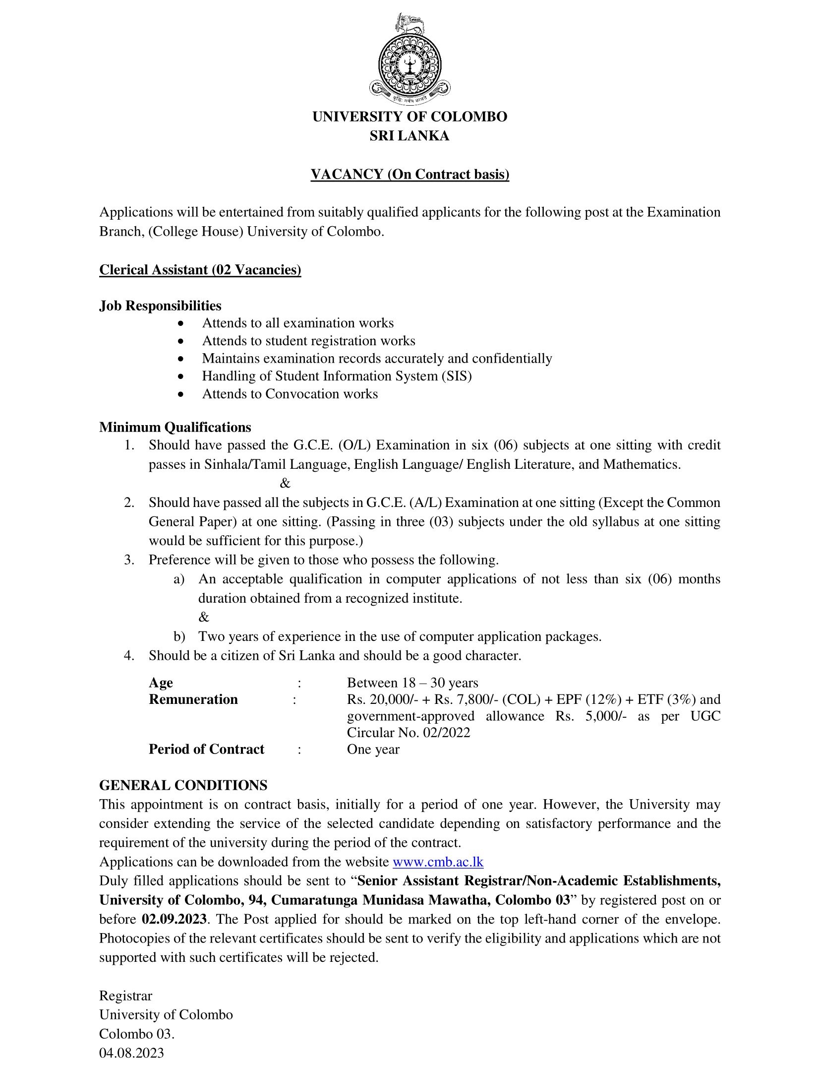 Clerical Assistant - University of Colombo