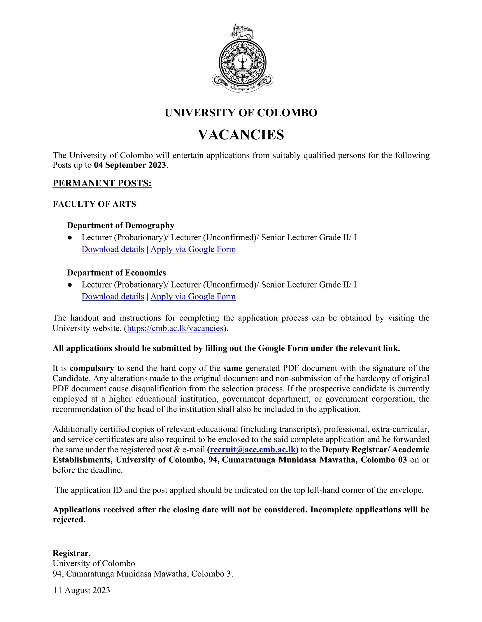 Lecturer, Senior Lecturer - University of Colombo