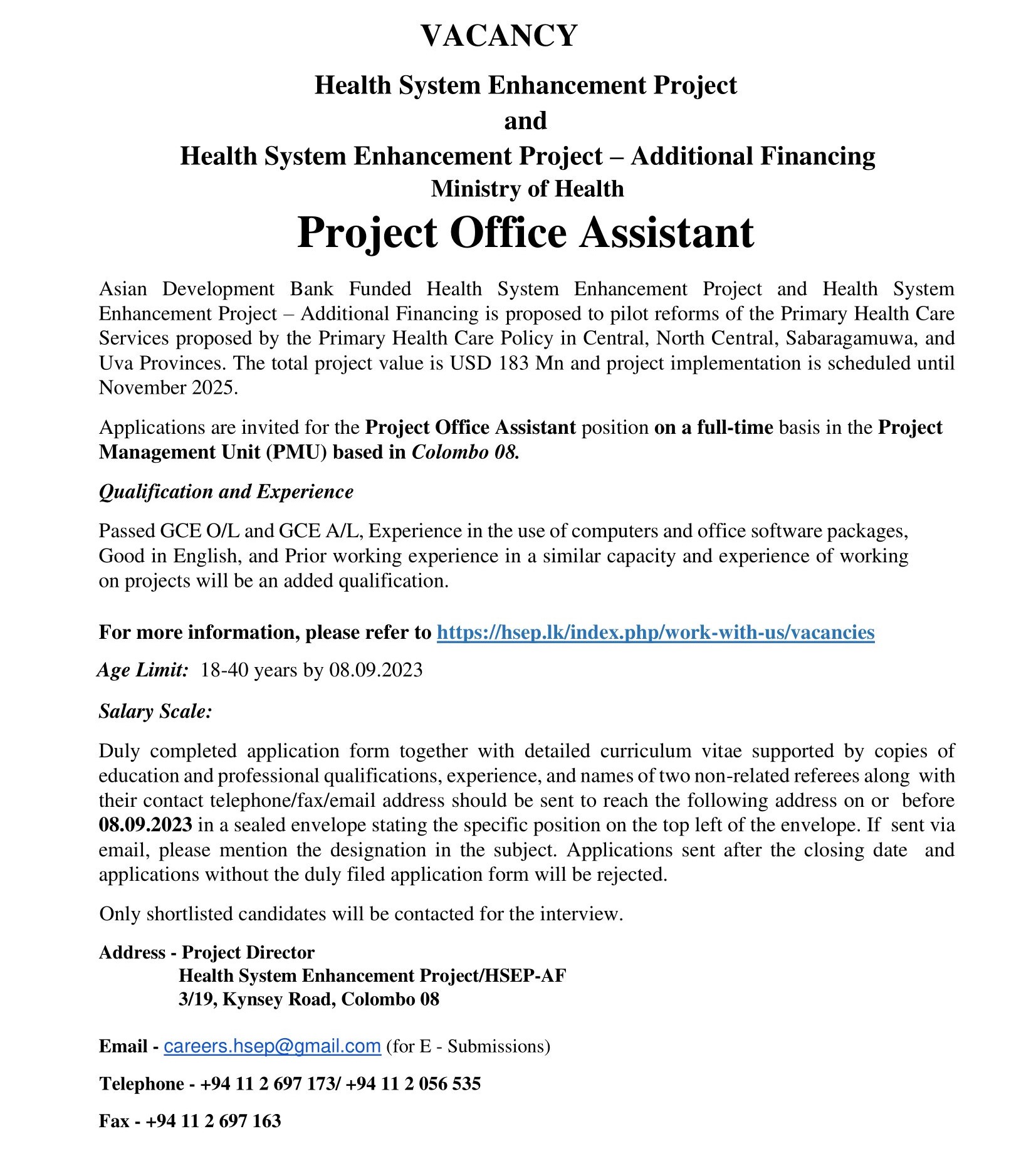 Project Office Assistant - Health System Enhancement Project - Ministry of Health