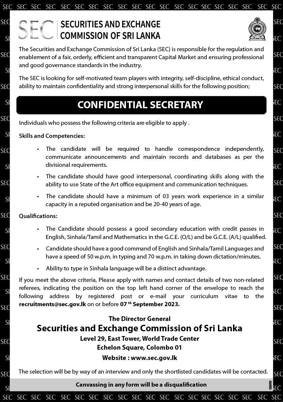 Confidential Secretary - Securities & Exchange Commission of Sri Lanka