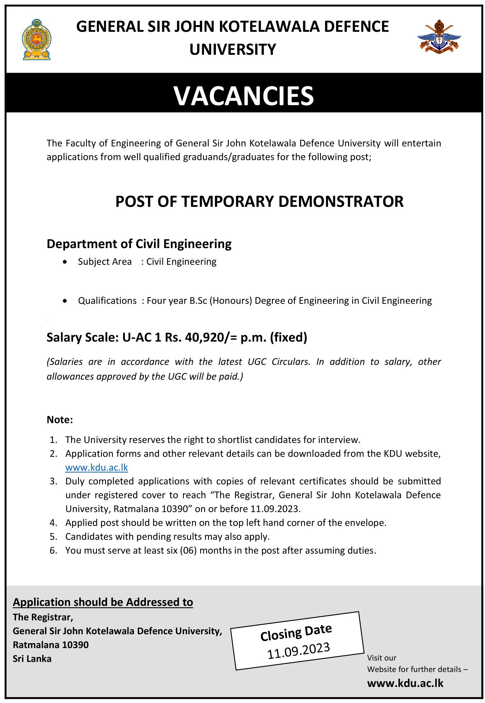 Demonstrator - General Sir John Kotelawala Defence University