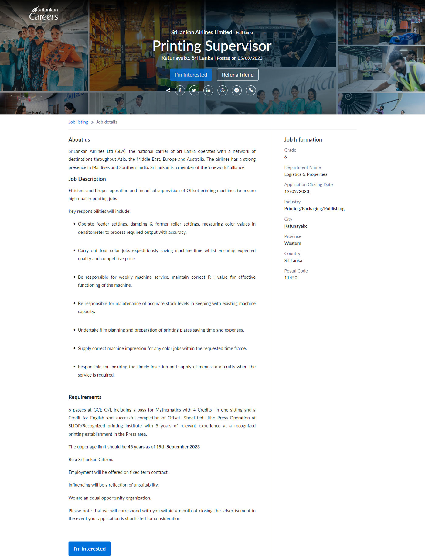 Printing Supervisor, Senior Binder, Printing Officer (Press) - SriLankan Airlines Ltd