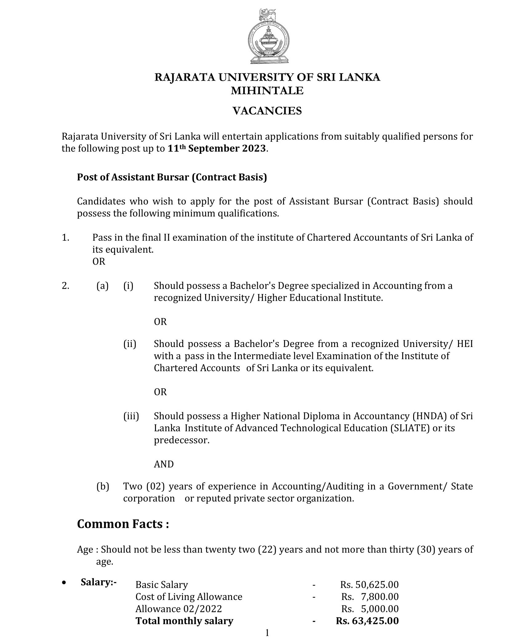 Assistant Bursar - Rajarata University of Sri Lanka